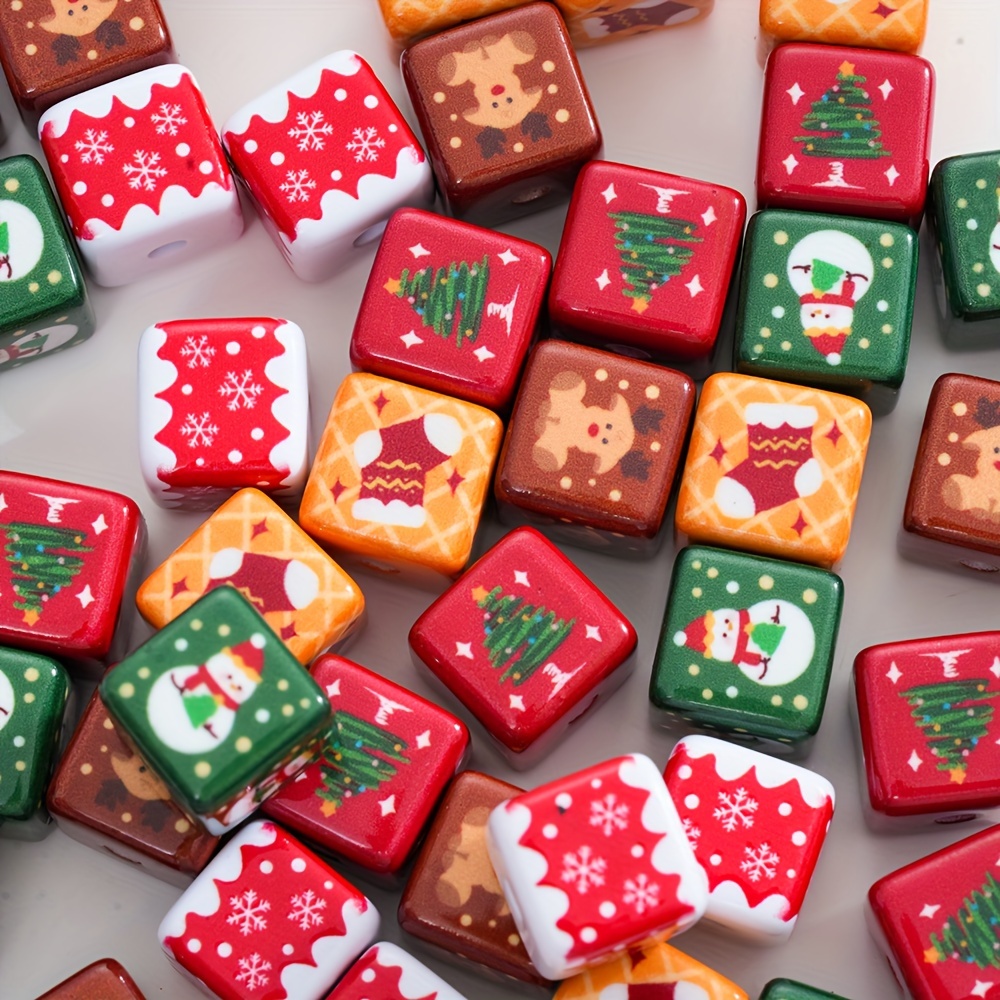 TEMU 10pcs 15mm Christmas Cube Acrylic Beads For Diy Crafting, Mixed Colors, Ideal For Jewelry Making, Bracelets, Earrings, Phone Charms, Keychains,