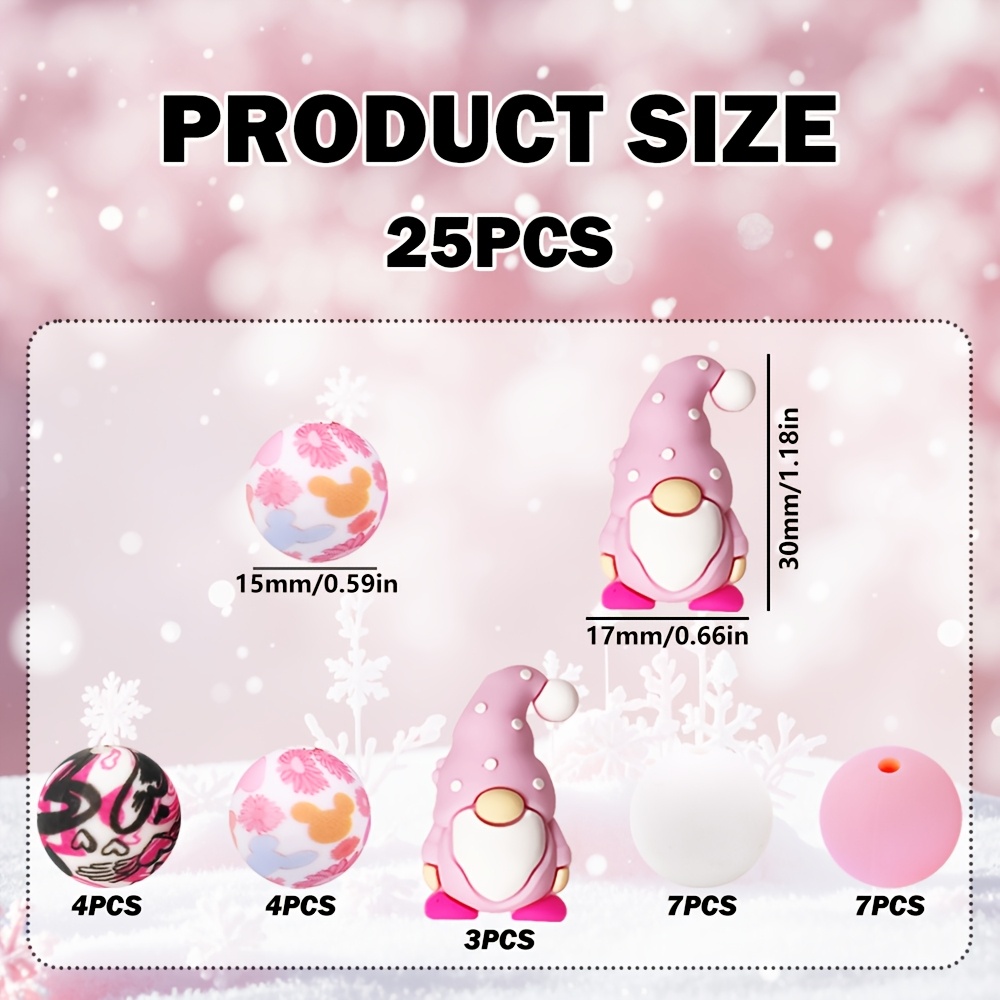 TEMU 25 Stück 3D Rosa Zwerggnom mit Weihnachtsmützen Silikonperlen Charms, Armband Halskette Schmuck Handy Kette Herstellung, Perlenstift Dekoration