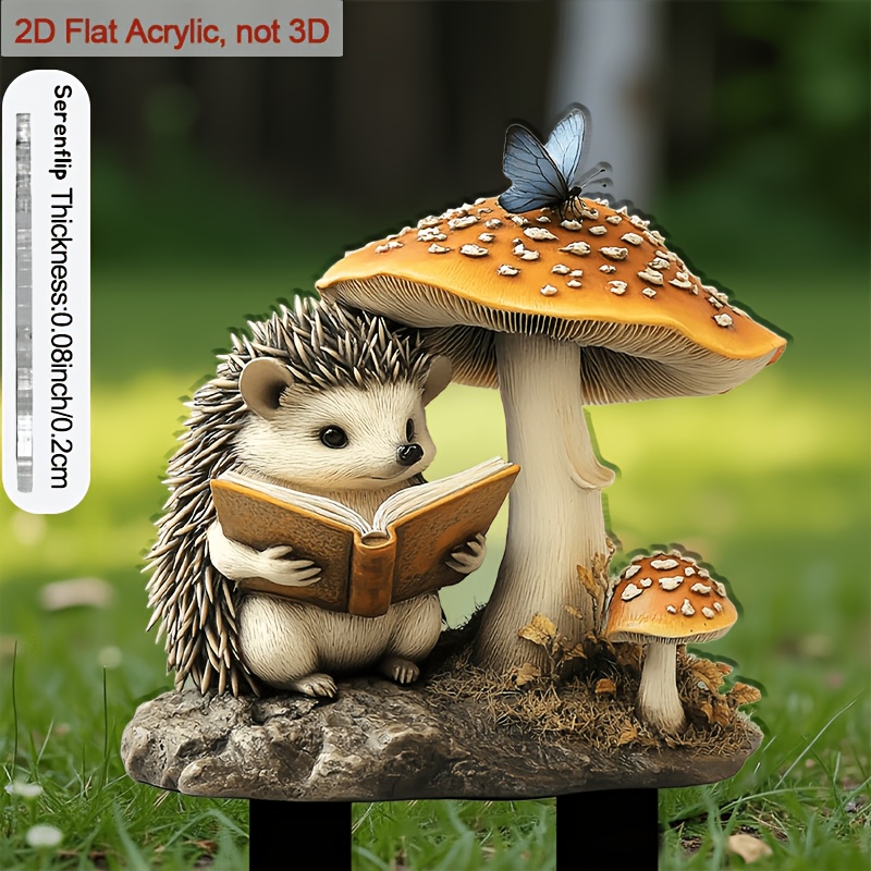 TEMU 2d Flat, [2d Flat] 1pc Modern Mushroom & Garden Stake With Hedgehog-shaped Topper - Vinyl Ground Spike Suitable For Outdoor Flower Beds, Potted