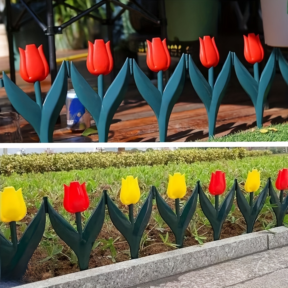 

10pcs Plastic Tulip Flower Shape Garden Fence, Easy Assemble Decorative Edging For Fairy Garden, Yard, Outdoor Decor, Multipurpose, Red/yellow Tulips Design