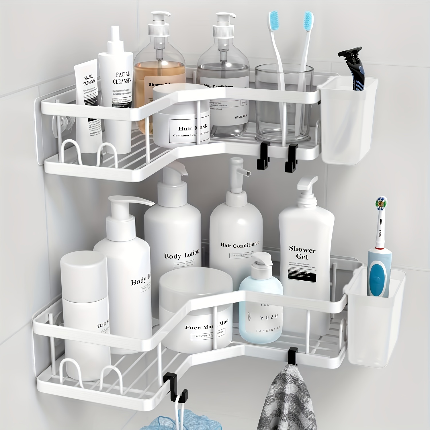 TEMU Corner Shower Caddy, 2pcs Adhesive Shower Corner Organizer Shelves, No Drilling Stainless Steel Shower Storage Rack With Hooks&toothpaste Holder