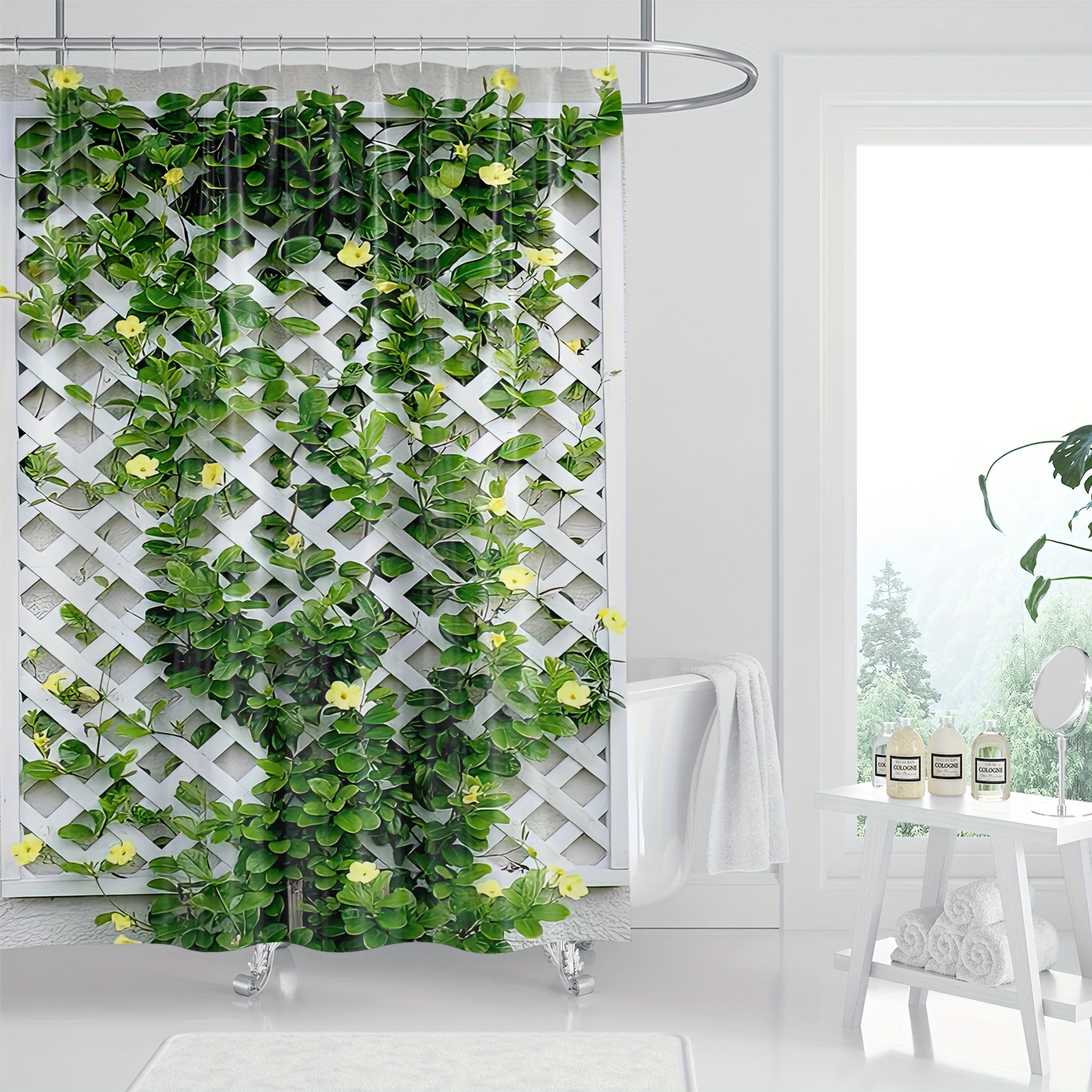 

1pc, Modern Wooden Trellis Partition Floral Greenery Digital Print Shower Curtain, Machine Washable, Bathroom Decor