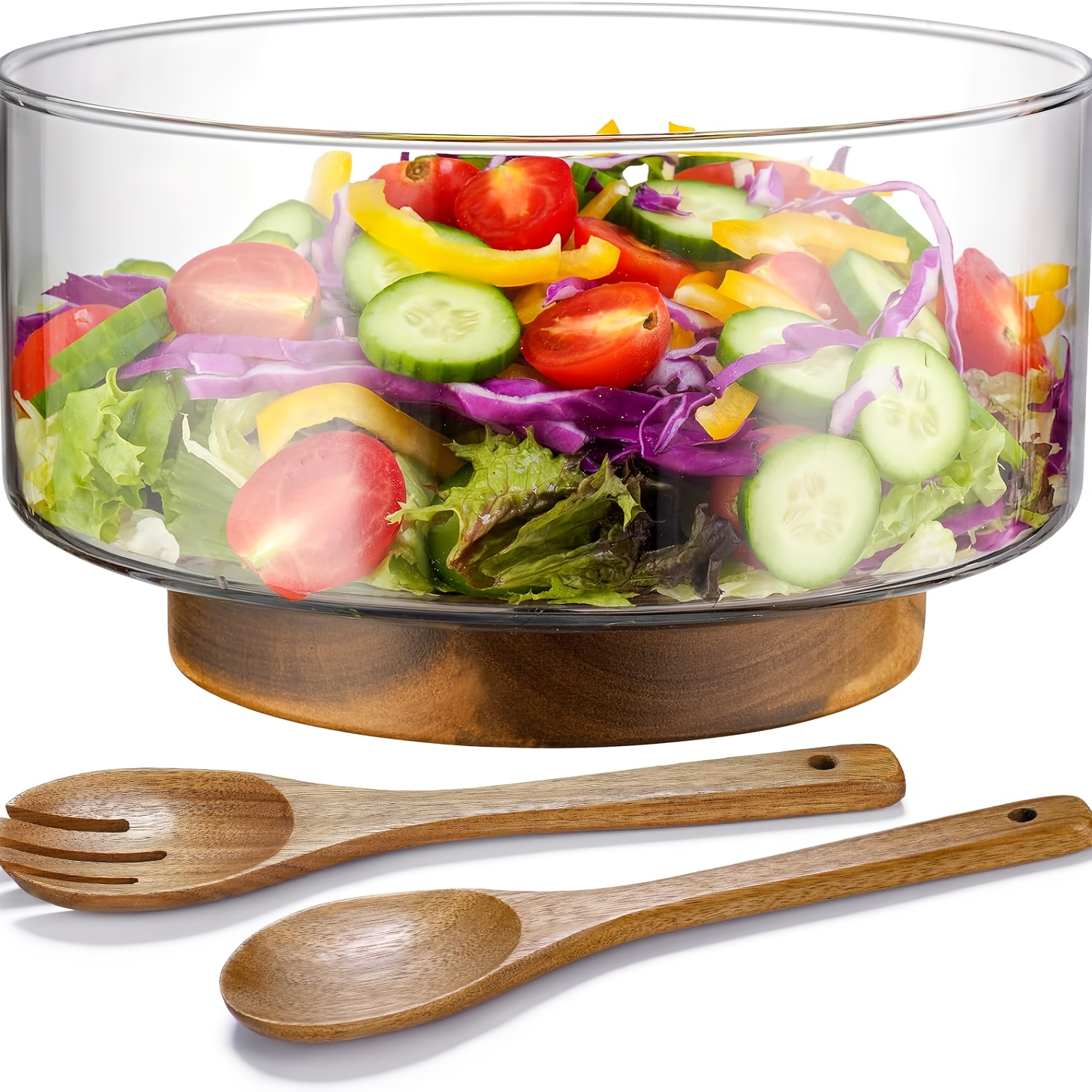 Image of 3pcs Glass Salad Bowl, With Utensils, 3.8qt Large Capacity Design, Stability, Multi-functional Salad, Fruit Serving Plate Mixing Bowl, Perfect For Daily .