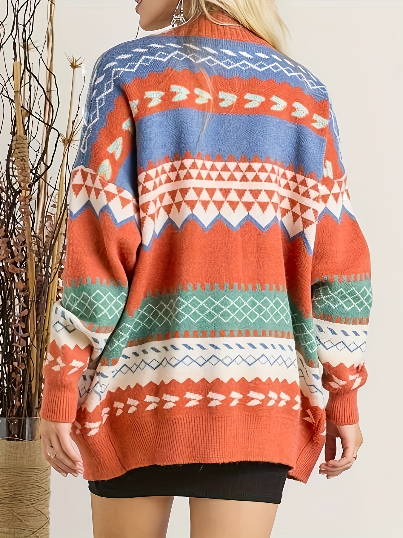 Plus-Size Women's Christmas Sweater Cardigan Elegant Open Front Sweater  with Pockets, Festive Geometric Snowflake Patterns, Warm Winter Coat for H