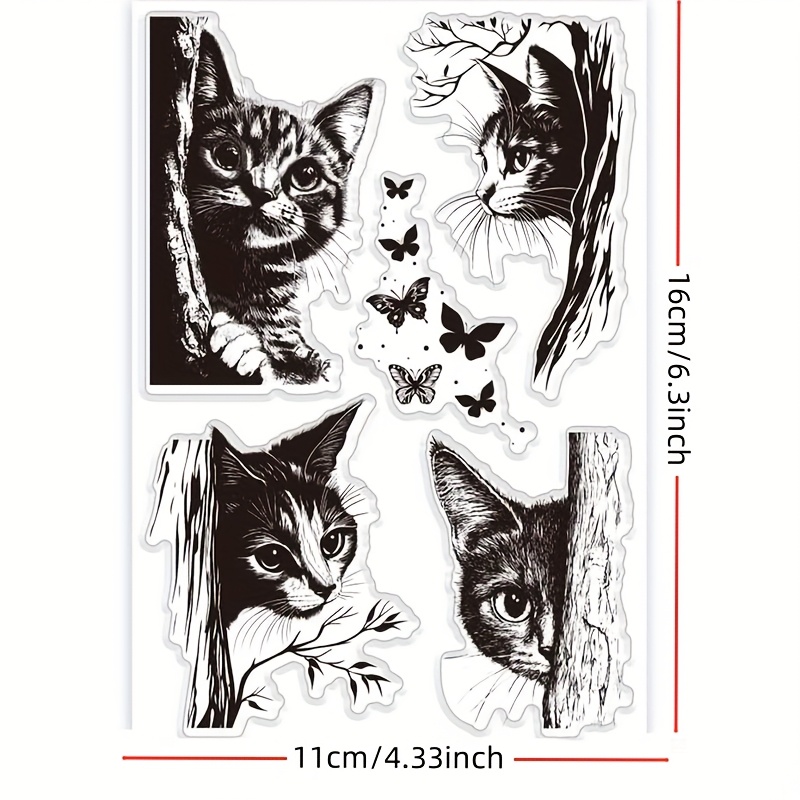 Image of 1pc Cat Corner Clear Stamp, Kitten On Branch Clear Stamp Decorative Clear Stamp Craft Stamp Rubber Stamp For Card Making Scrapbooking Stamp Album Craft Diary Decoration