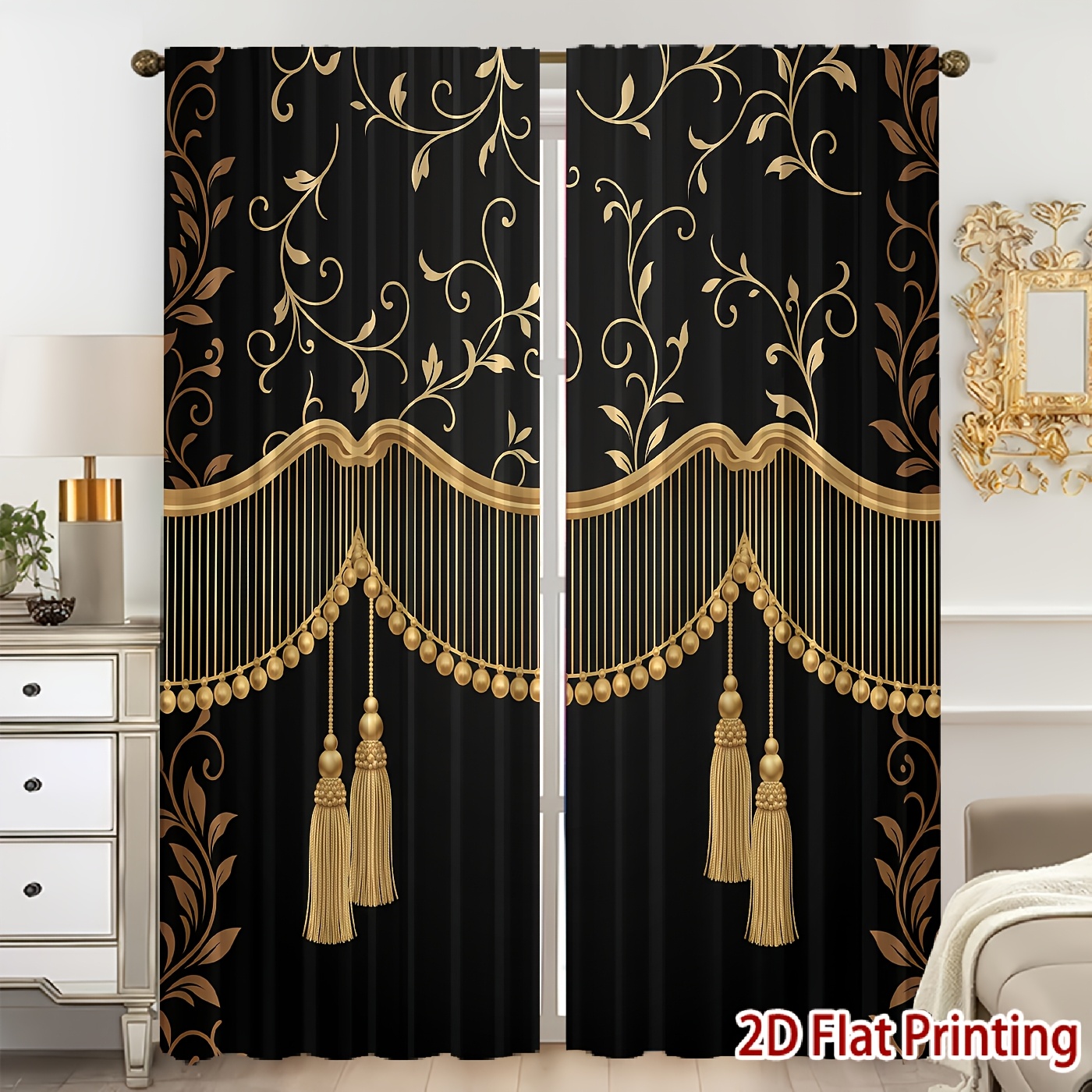 TEMU 2d Flat, 2pcs 2d Flat Printing Black With Golden European Scroll And Tassel Pattern Printed Curtains, Soft Light, Privacy Protection, Rod Pocket