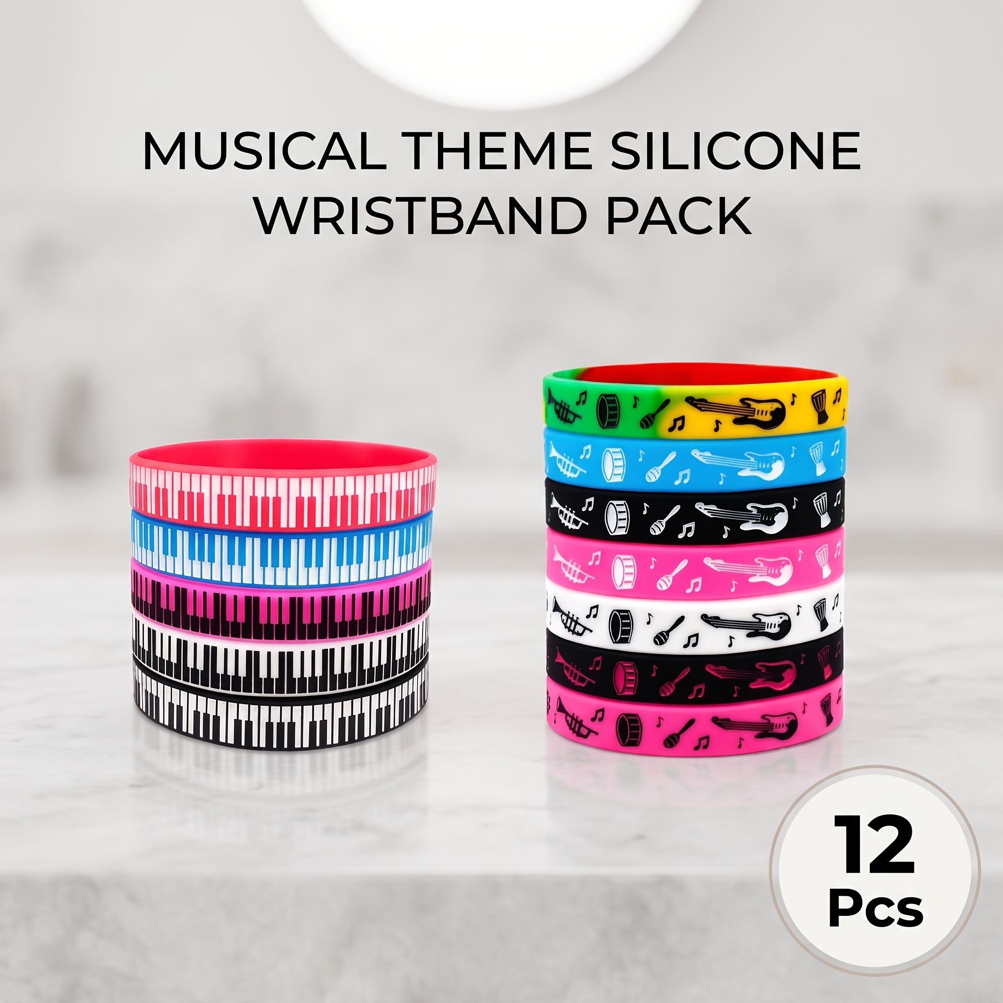 TEMU 12pcs Musical Pattern Themed Silicone Wristbands, Premium , Waterproof And Fade-resistant, Soft And Elastic, Versatile And Comfortable For