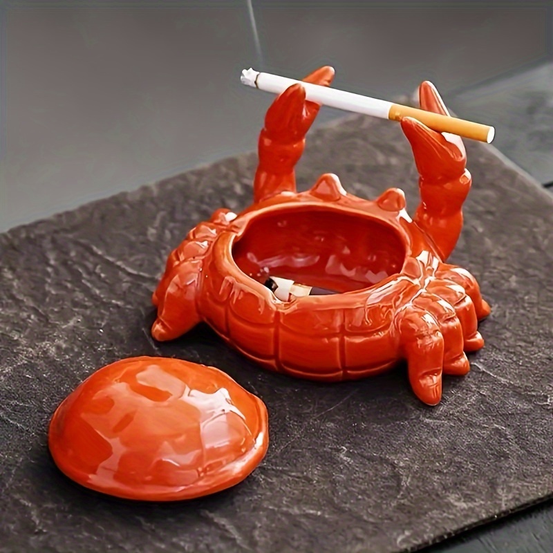 cute crab ashtray with lid fly proof non electric smoking tray decorative tabletop decor for home office bar perfect durable ceramic construction office accessory whimsical design glossy unique shape Product details 0