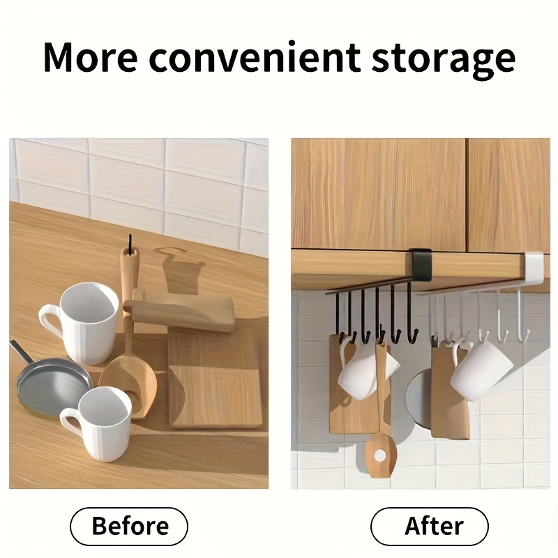 TEMU 1pc Stainless No-nail Adhesive-free Hanging Rack With 6-hook Organizing System - Multi-row Cabinet & Wardrobe Storage Shelf, Door-mounted