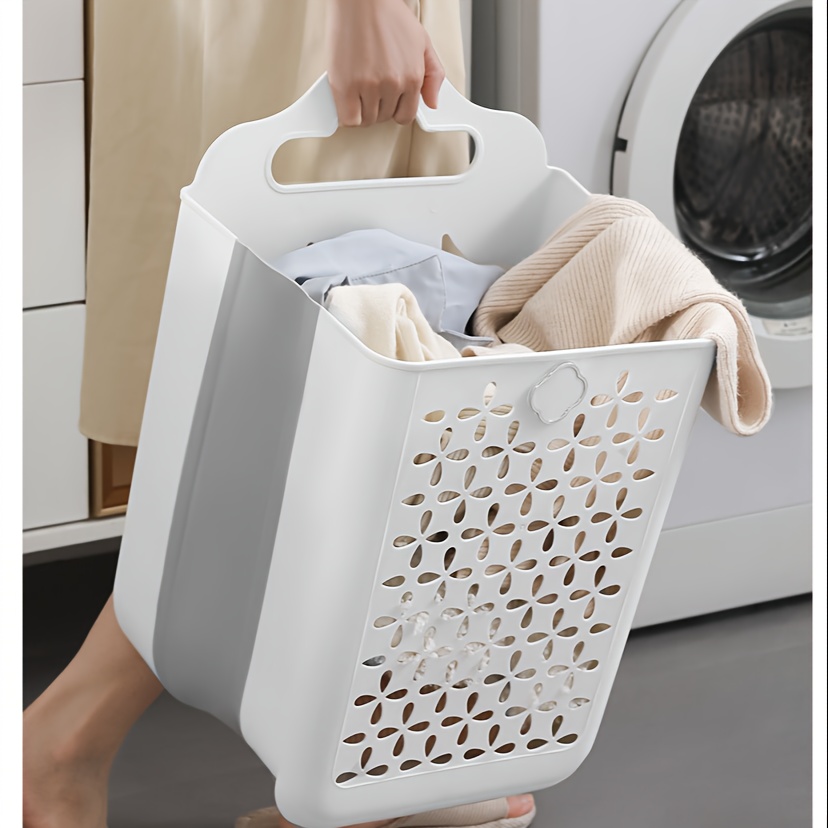 1pc contemporary plastic wall mounted laundry basket with handles 39x27x19cm foldable storage organizer for bathroom multipurpose hollow bucket for toys snacks fruits vegetables no punch design laundry baskets details 2