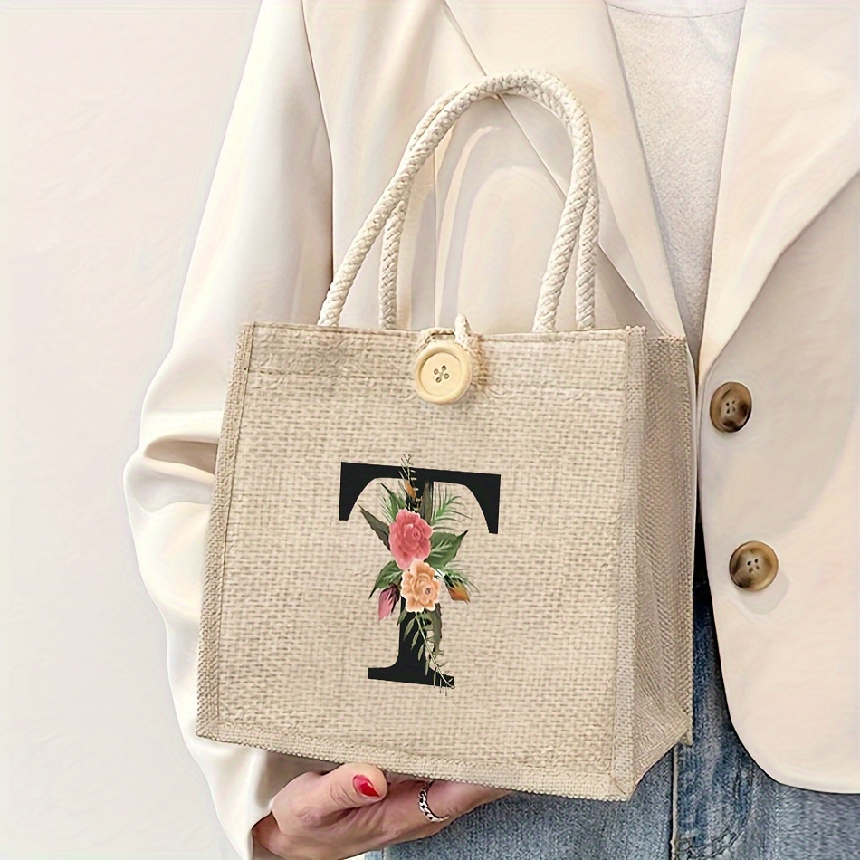 TEMU 1pc Polyester Floral Letter Tote Bag, Khaki Casual Handbag With Buckle Closure, Multifunctional Portable Storage For Weddings, Birthdays, , Festivals, Ideal Christmas Gift For Women, Teachers,