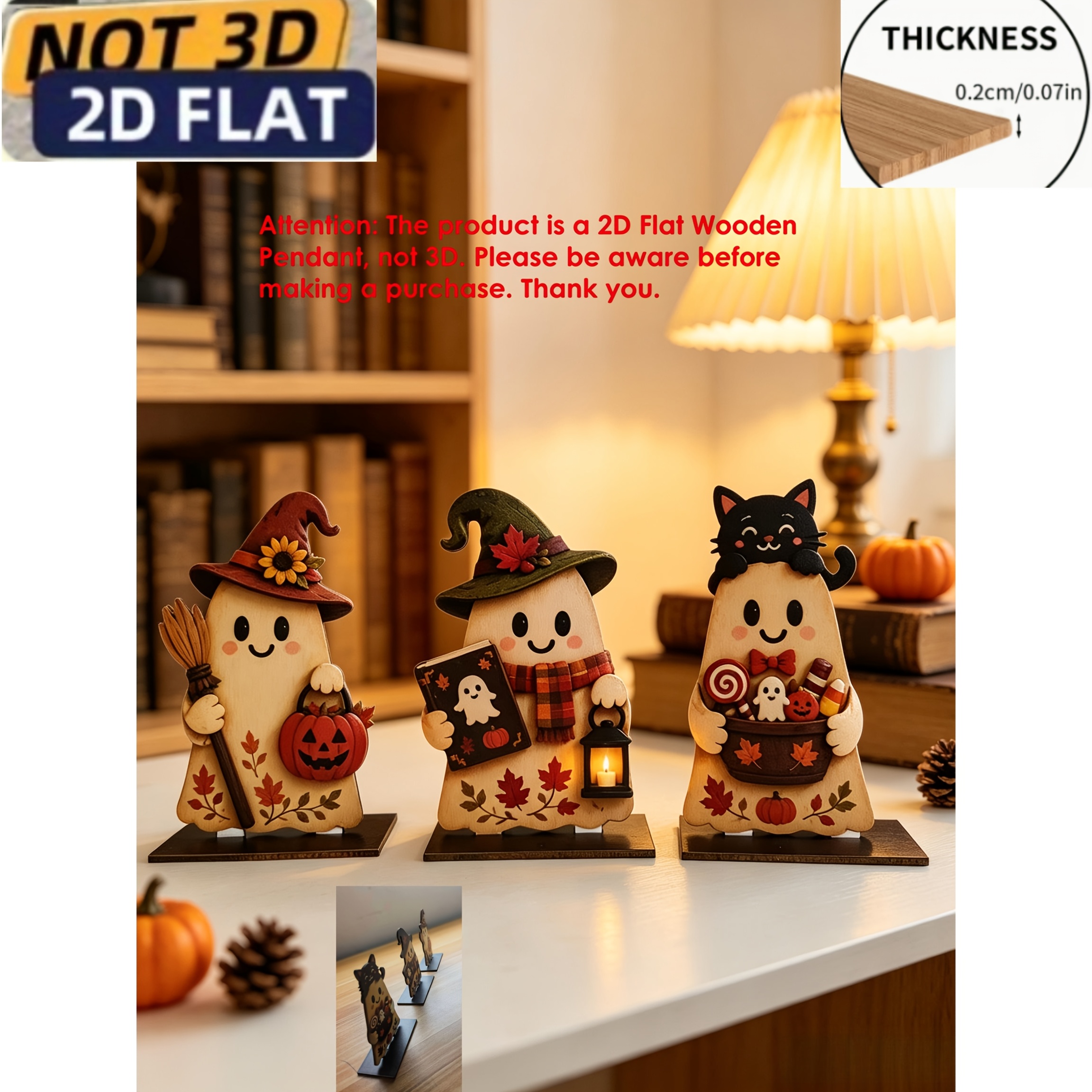 TEMU 2d Flat, Halloween 3pcs Set Cute Ghost Wooden Ornaments, Combining Witch Hat, Pumpkin, Black Cat, Maple Leaf Autumn Elements, Retro Warm Style,