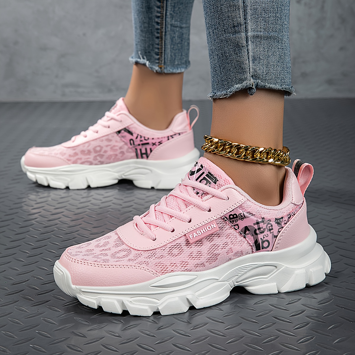 Image of Pink Leopard Print Dad Shoes Women's Letter Print Thick Sole Casual Shoes Breathable Mesh Athletic Shoes, Women Shoes, Sneakers