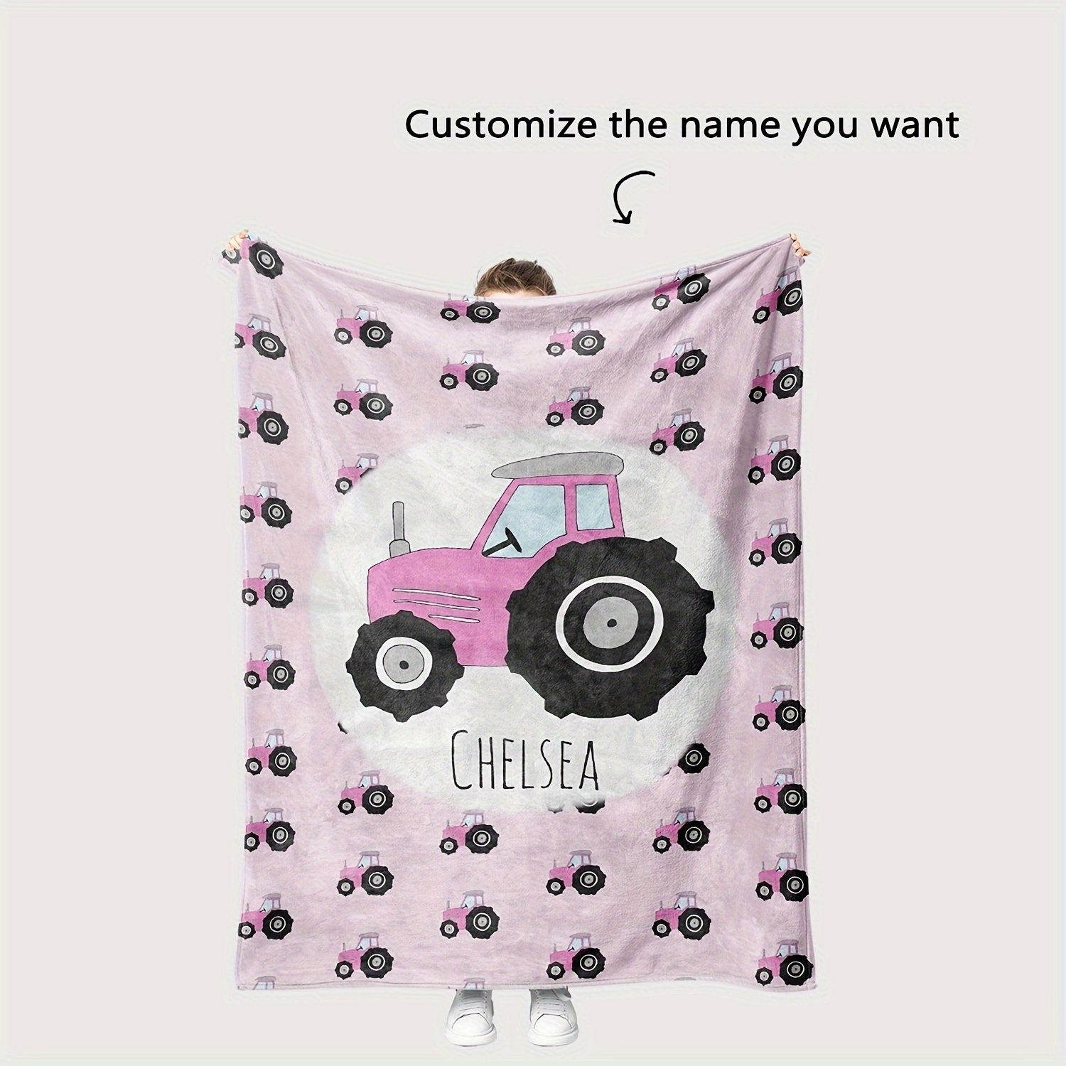 

Custom Name Tractor Print Flannel Blanket - Personalized Design, Soft & Cozy For Bedroom, Living Room, Travel - Throw In Blue