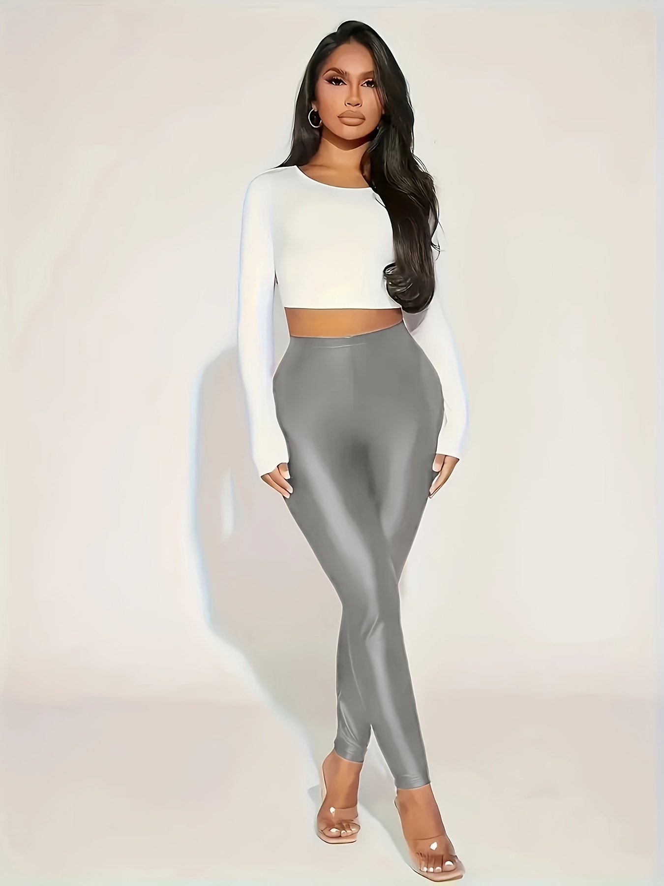 Plus Size Women's High-Waisted Stretchy Slim-Fit Leggings - All-Season Comfort, Solid Color, Machine Washable, Elegant Special Collection for Casual & Formal Wear, Casual Leggings | Vacation Leggings | Glossy Finish