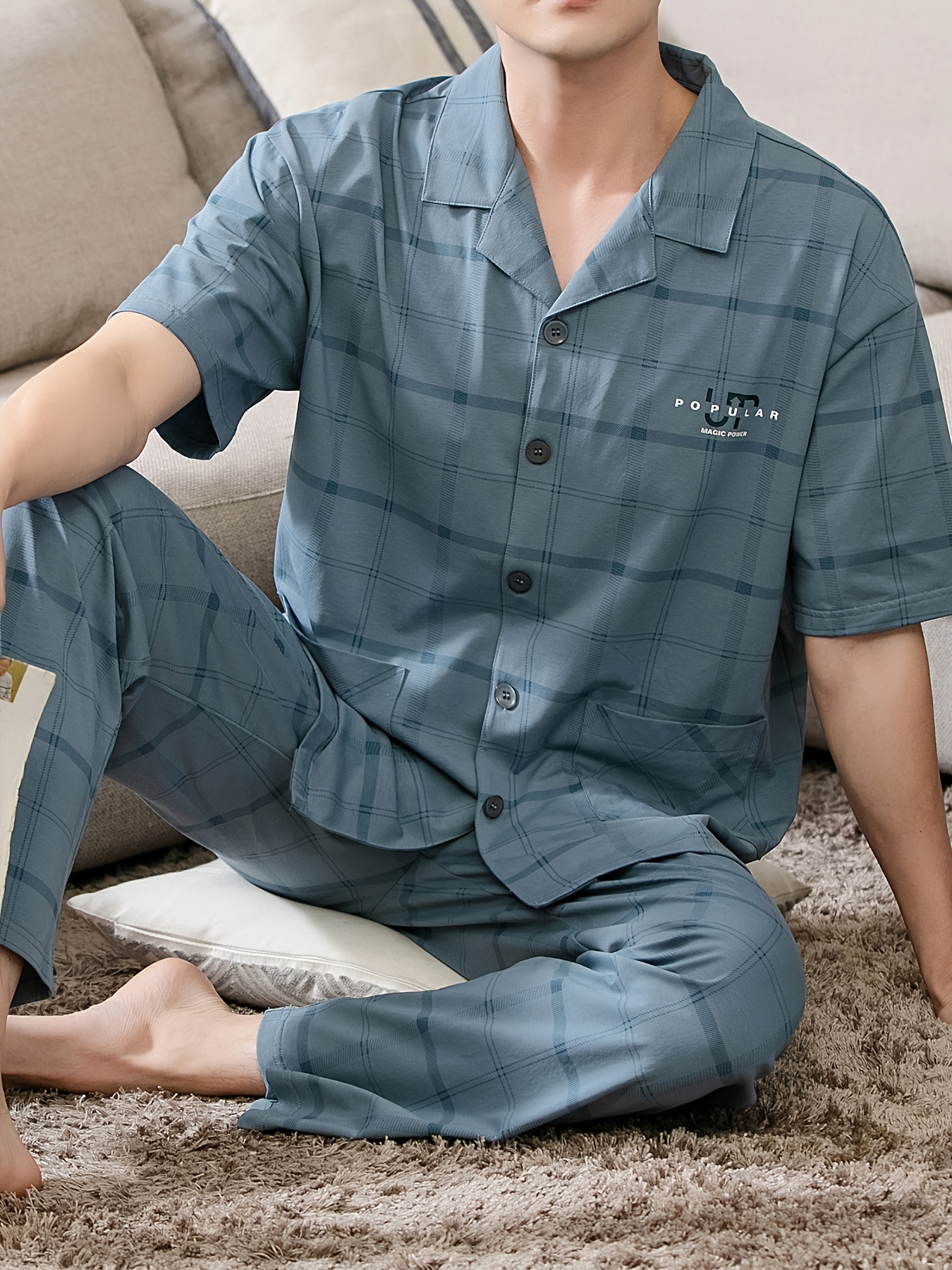Plus Size 2 Pcs Men's 100.00% Cotton Plaid Print Lapel Short Sleeve & Trousers Pajama Set, Comfy & Skin-friendly Style Pajamas For Men's Cozy Loungewear