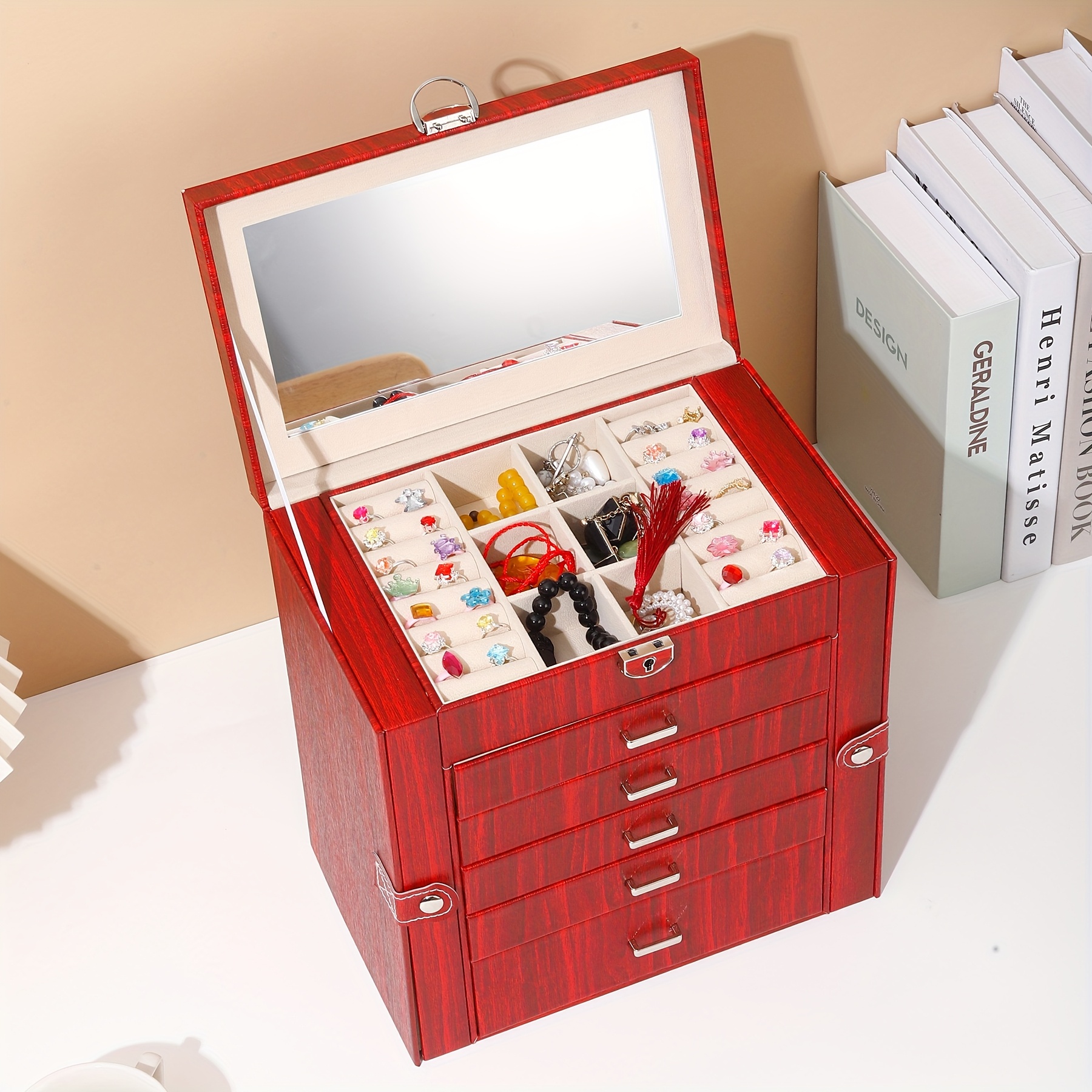 luxury 6 layer   leather jewelry box with   lid lockable storage for watches necklaces rings earrings cream interior black exterior   gift for thanksgiving mothers day graduation jewelry gift box Product details 5