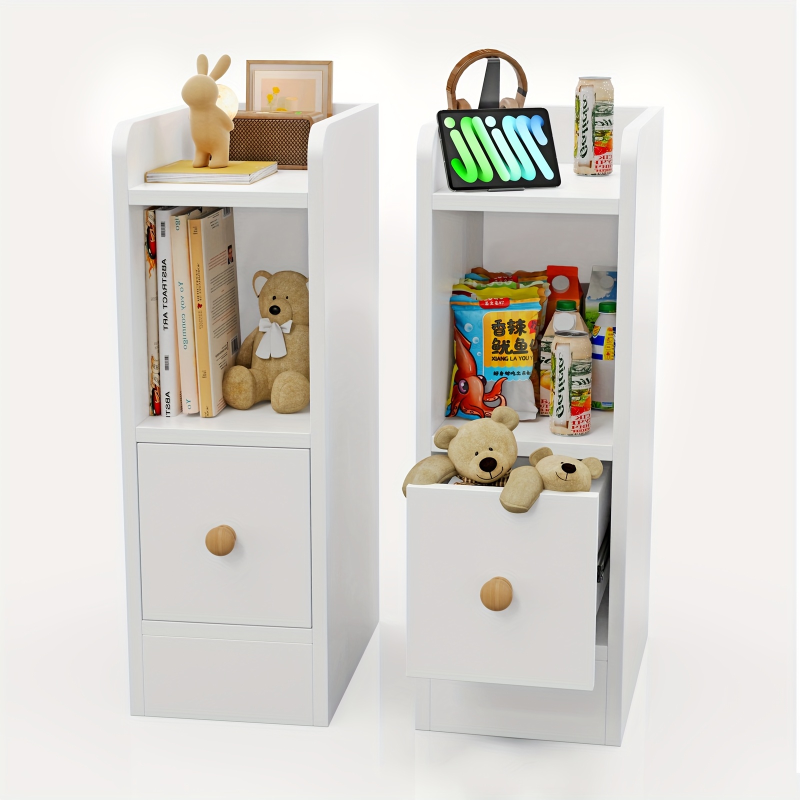 TEMU 2-tier White Bedside Table With 1 Drawer - Compact 2-layer Storage Cabinet, 31.5x20x58cm, Space- Design For Sofa, Office, Or Bedroom, Easy