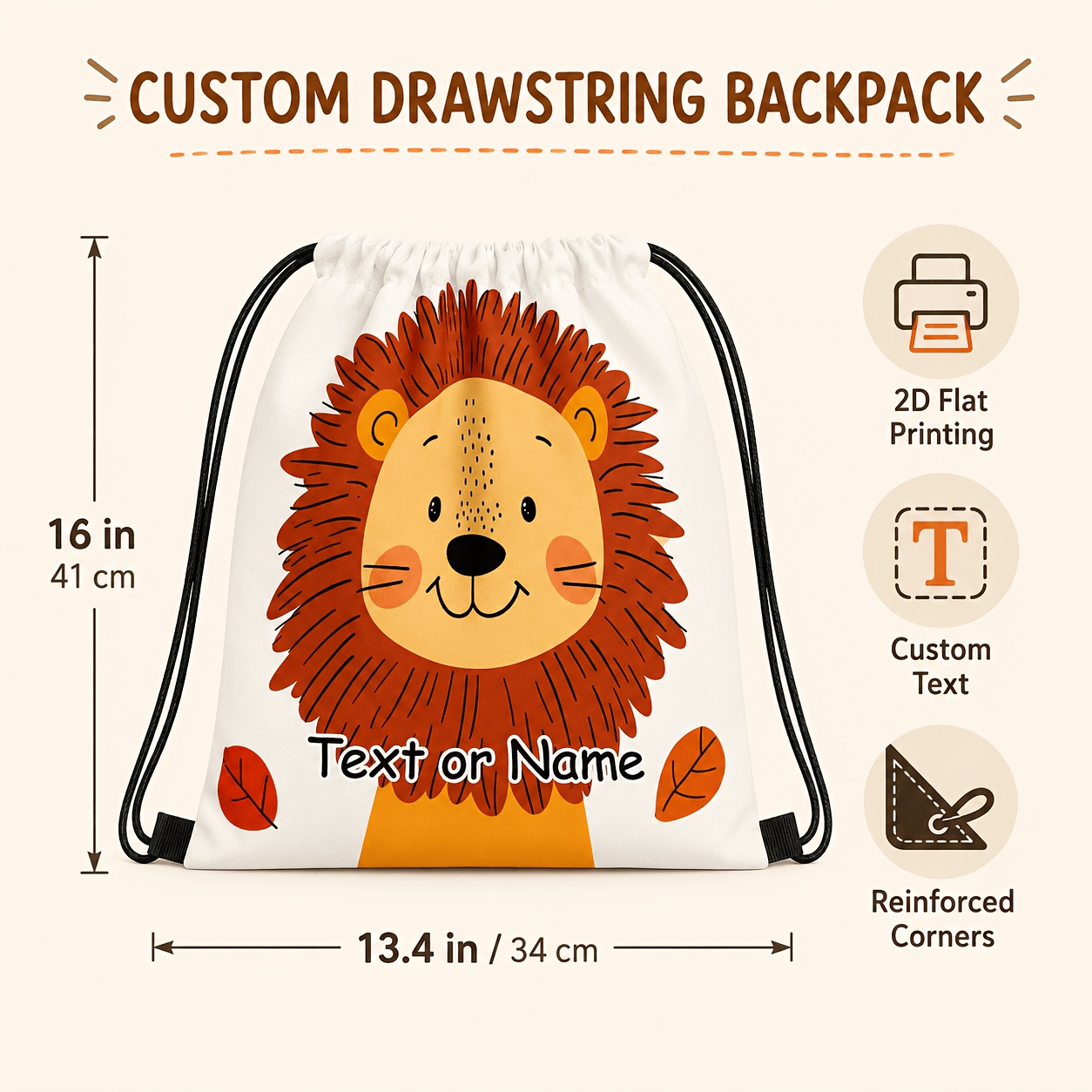 TEMU Custom Name Lion Face Drawstring Bag, Printed Travel Backpack, Unisex Lightweight Storage Pouch, For Halloween And Christmas Gifts