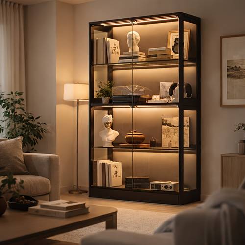 modern rgb display cabinet with adjustable acrylic shelves led light effect black showcase for collectibles books medals and figures multiple sizes