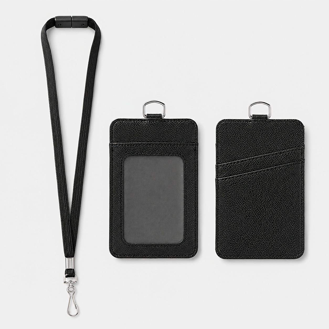 Image of 2d Black Pu Leather Id Badge Holder With Lanyard, Vertical Card Holder With Window, 2 Back Card Slots, Metal Clip Badge Holder For Office, School, Nurse, Conference, Work Id