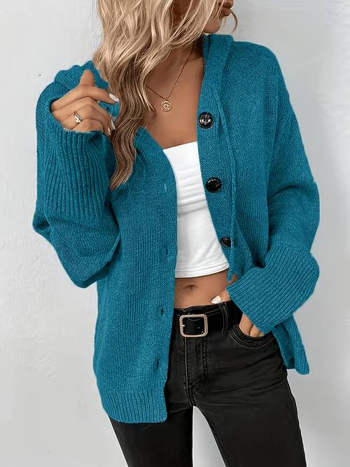 womens hooded button cardigan simple solid color long sleeve top loose cardigan