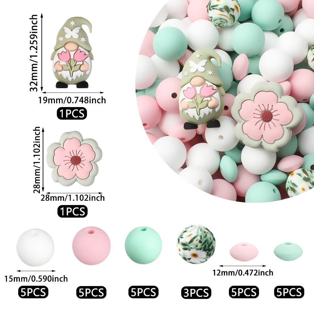 TEMU Set de 30 cuentas de silicona con gnomos de 3D, flores y estampado floral rosa | Cuentas redondas coloridas para joyería, collar, cordón,