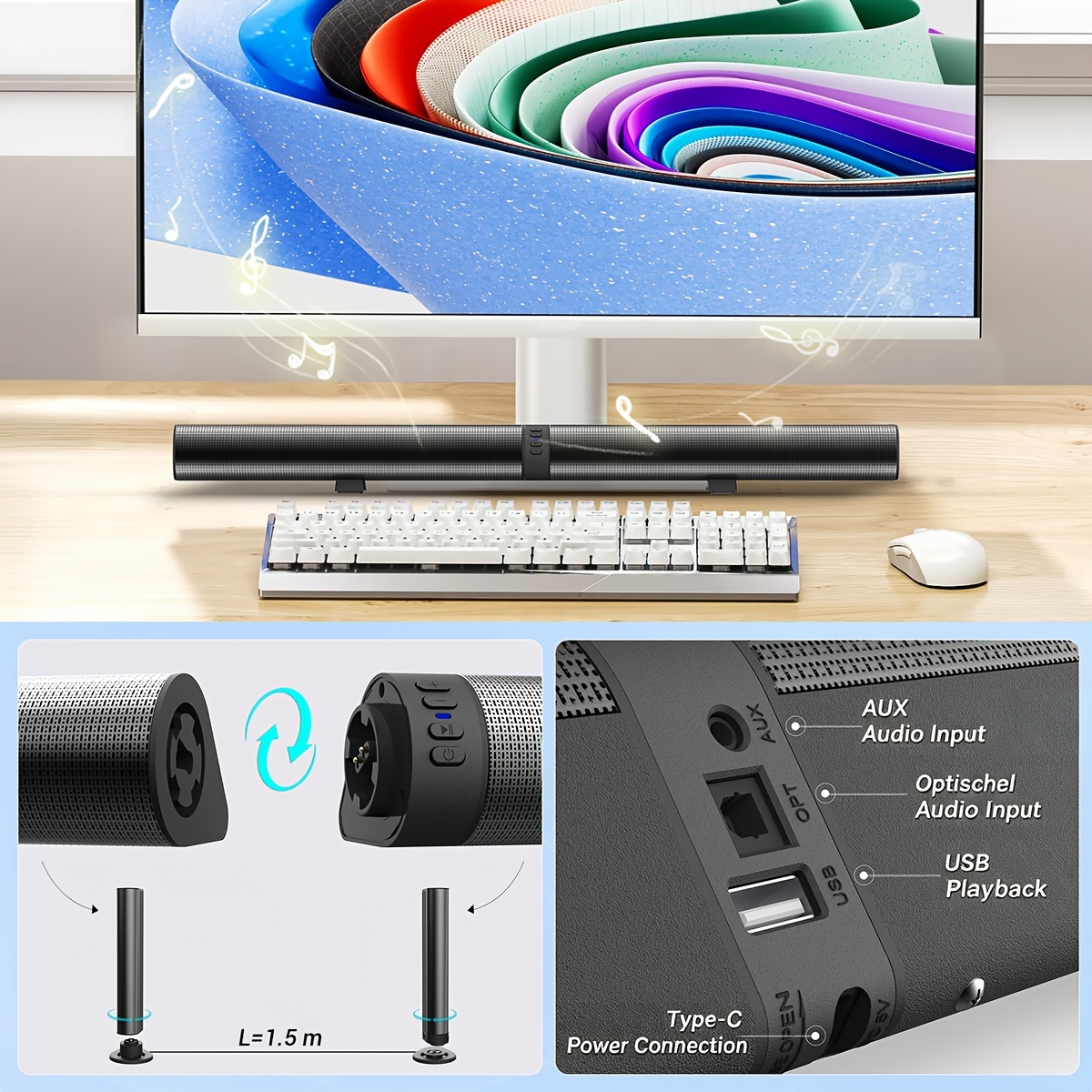 Wireless Soundbar with Surround Sound, Adjustable Speakers