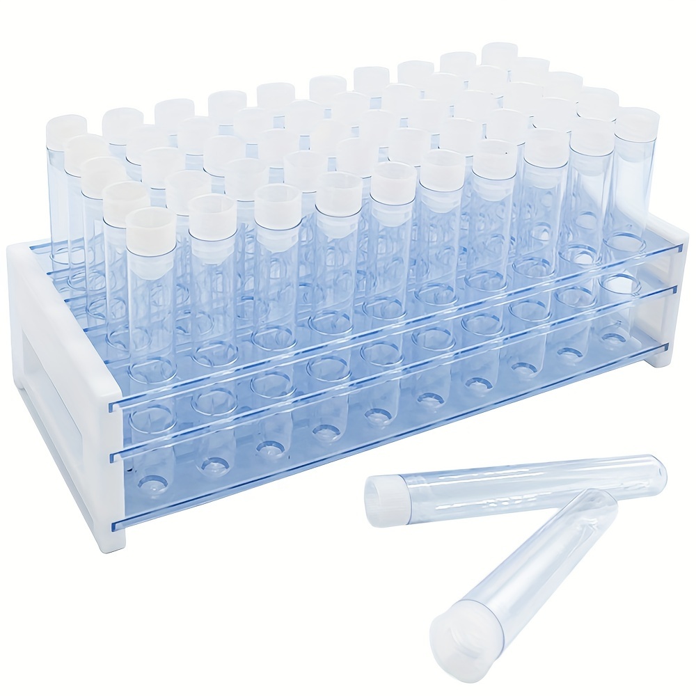 

Value Pack 50pcs Clear Plastic Test Tubes With Rack, 16 X 100mm Tube With Caps And 50 Holes Tubes Rack, Test Tube Set For Scientific Experiments, Candy, Beads, Liquid Storage, Party Decor