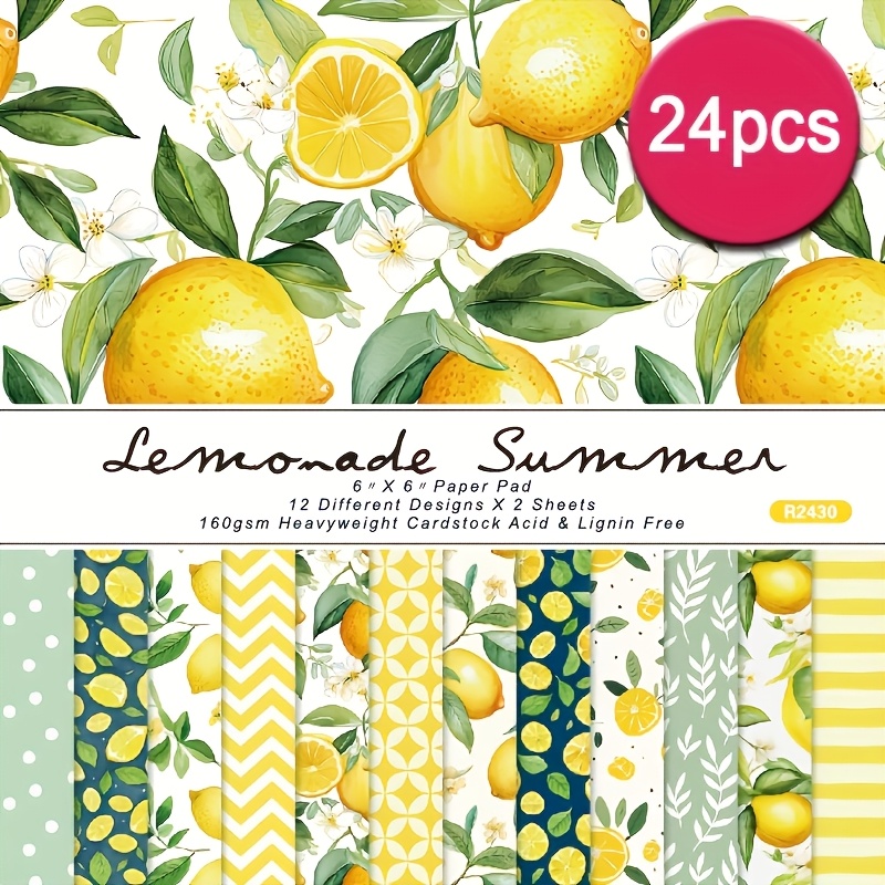 Image of 24pcs 6x6 Inch Lemon Yellow Fruit Aesthetic Paper Pattern Single-sidedscrapbook Decoupage Paper Pad For Diy Crafts Journaling Scrapbooksupplies Gift Wrapping Album Art Decorative Craft Paper