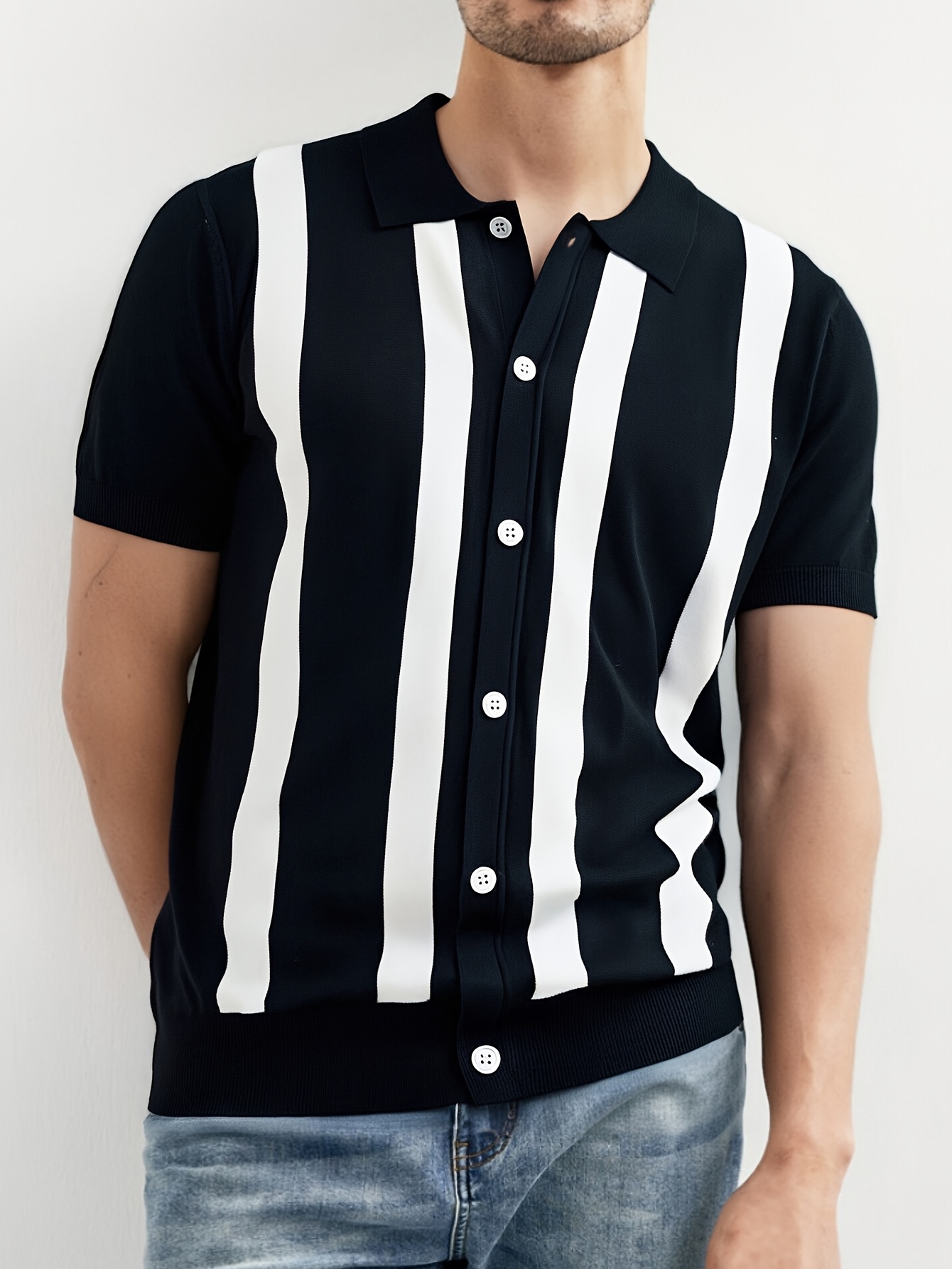 Ropa Camisa Hombre Manga Corta Rayas Camisa Rayas Negras Blancas