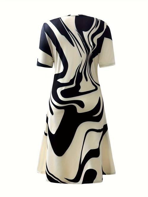 damen a-linien kleid, geometrisches muster, rundhalsausschnitt, kurzarm, stoff, ganzjahreskleidung