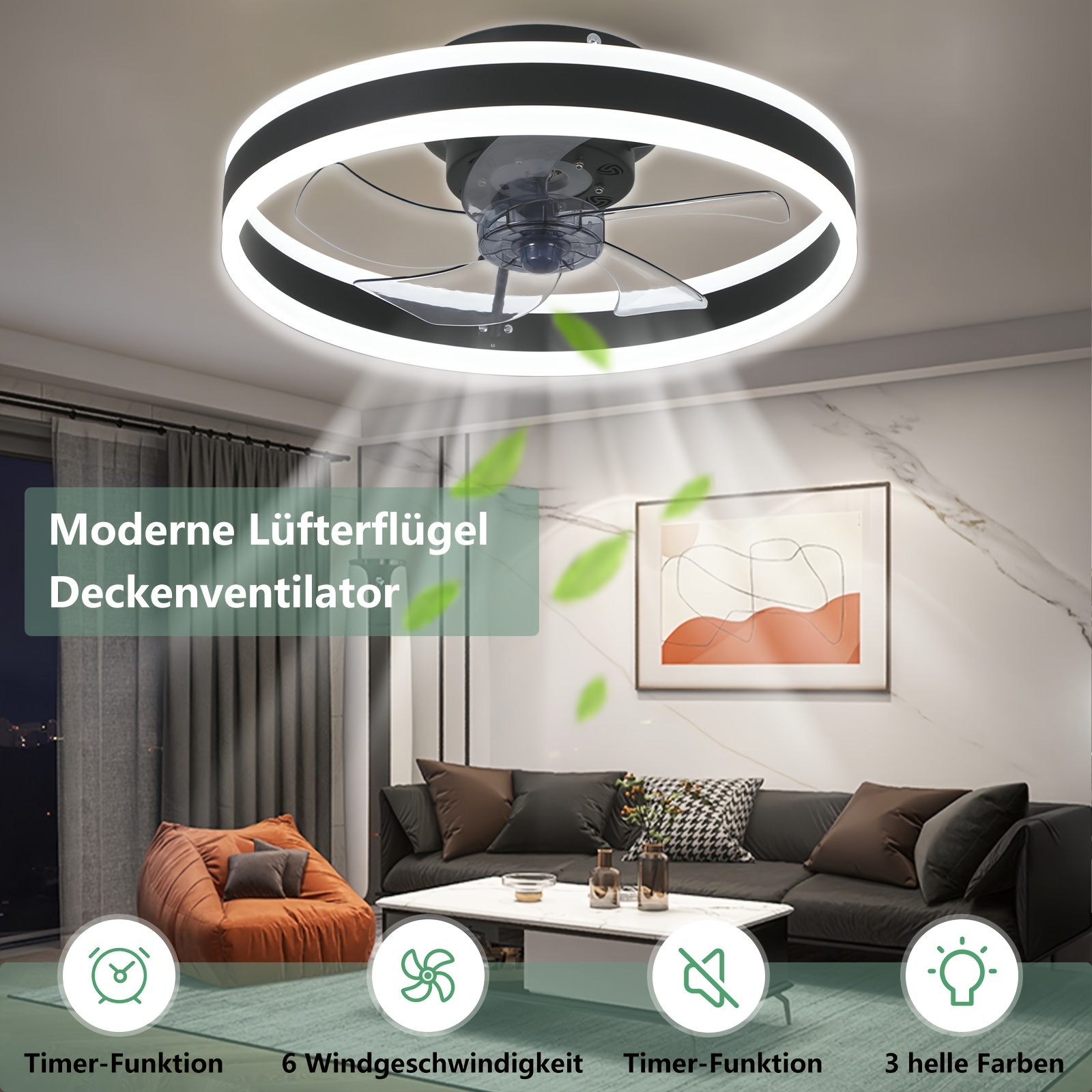 Ceiling Fans With Lights, Led Ceiling Light With Fan, 3 Color Temperatures (3000-6500k) And 6 Fan Light, Fan With Lamps For Living Room, Dining Room, Bedroom