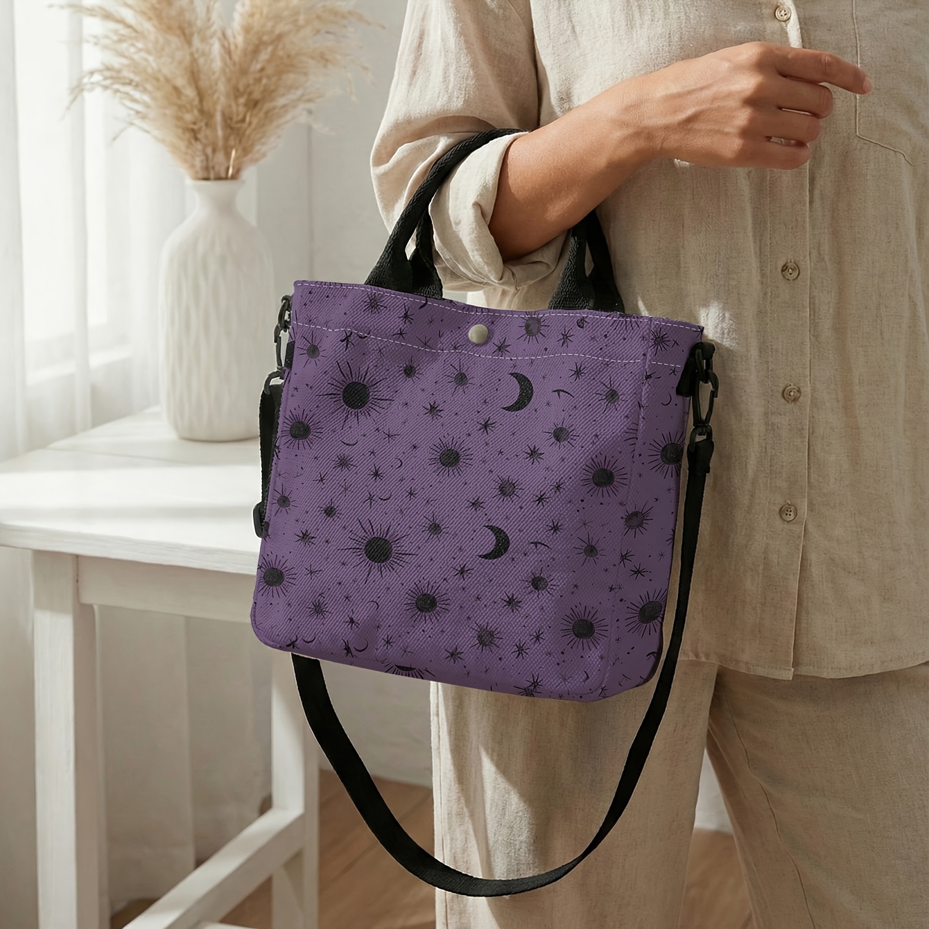 TEMU Star And Moon Starlight Pattern 2d Printed Small Handbag, Wear-resistant + Adjustable Shoulder Strap + Snap Closure | Fits Phone/wallet | Switch