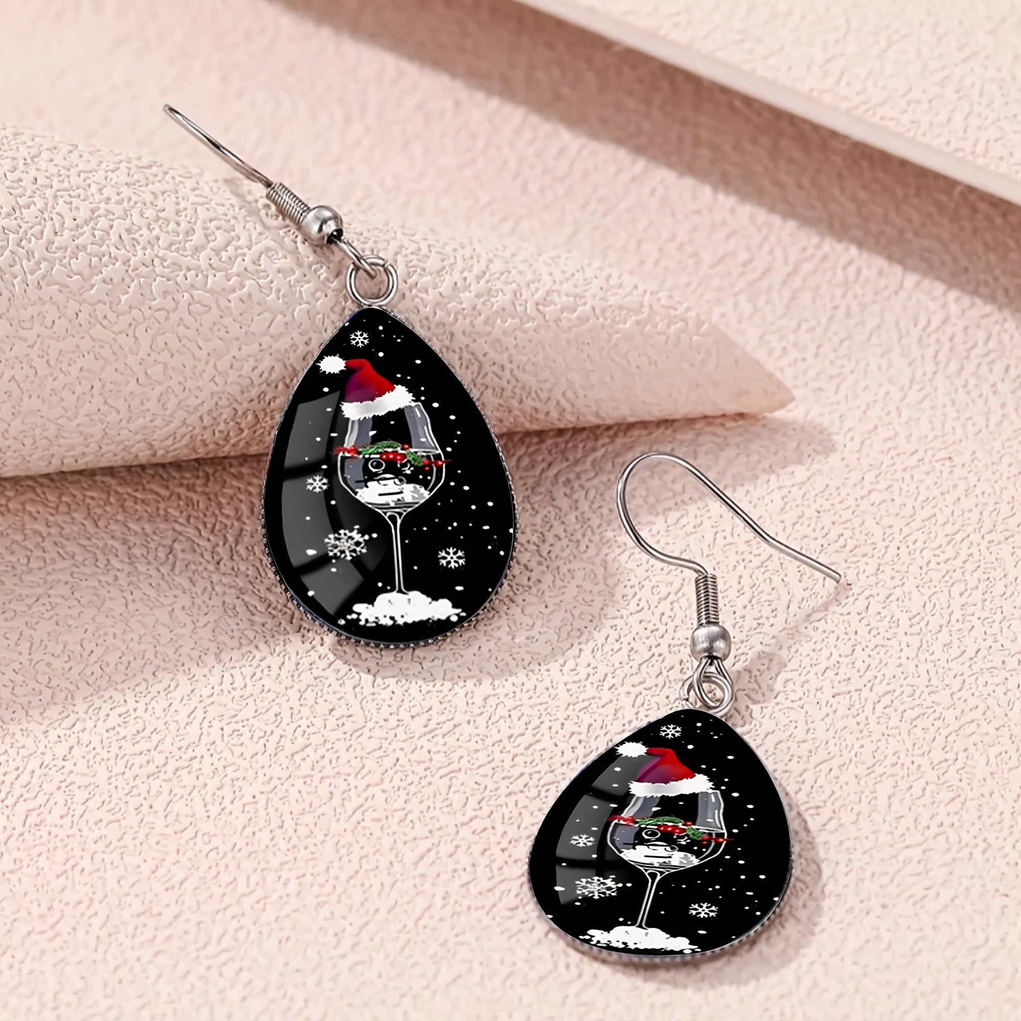 Black-based Santa Hat Wine Glass Pattern Teardrop Earrings