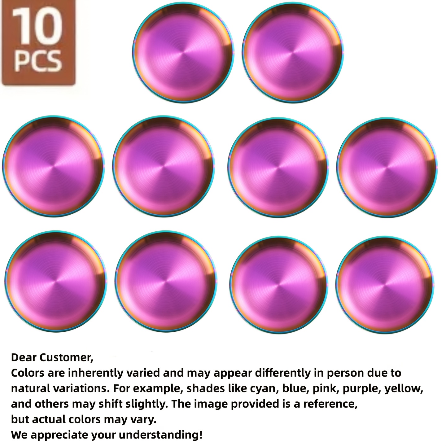 Image of 10pcs Color Stainless Steel Reusable Circular Color Plates, 20cm/7.8 Inches, Perfect For Picnics, Weddings, Outdoor Camping, Summer Barbecue Plates, Steak Plates, Dishwasher Safe