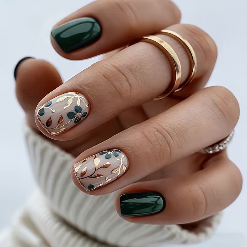 TEMU 24 stuks vierkante kunstnagels, premium nude basis met gouden bladoverlay, korte vierkant-afgeronde zacht draagbare afgewerkte nageltips voor