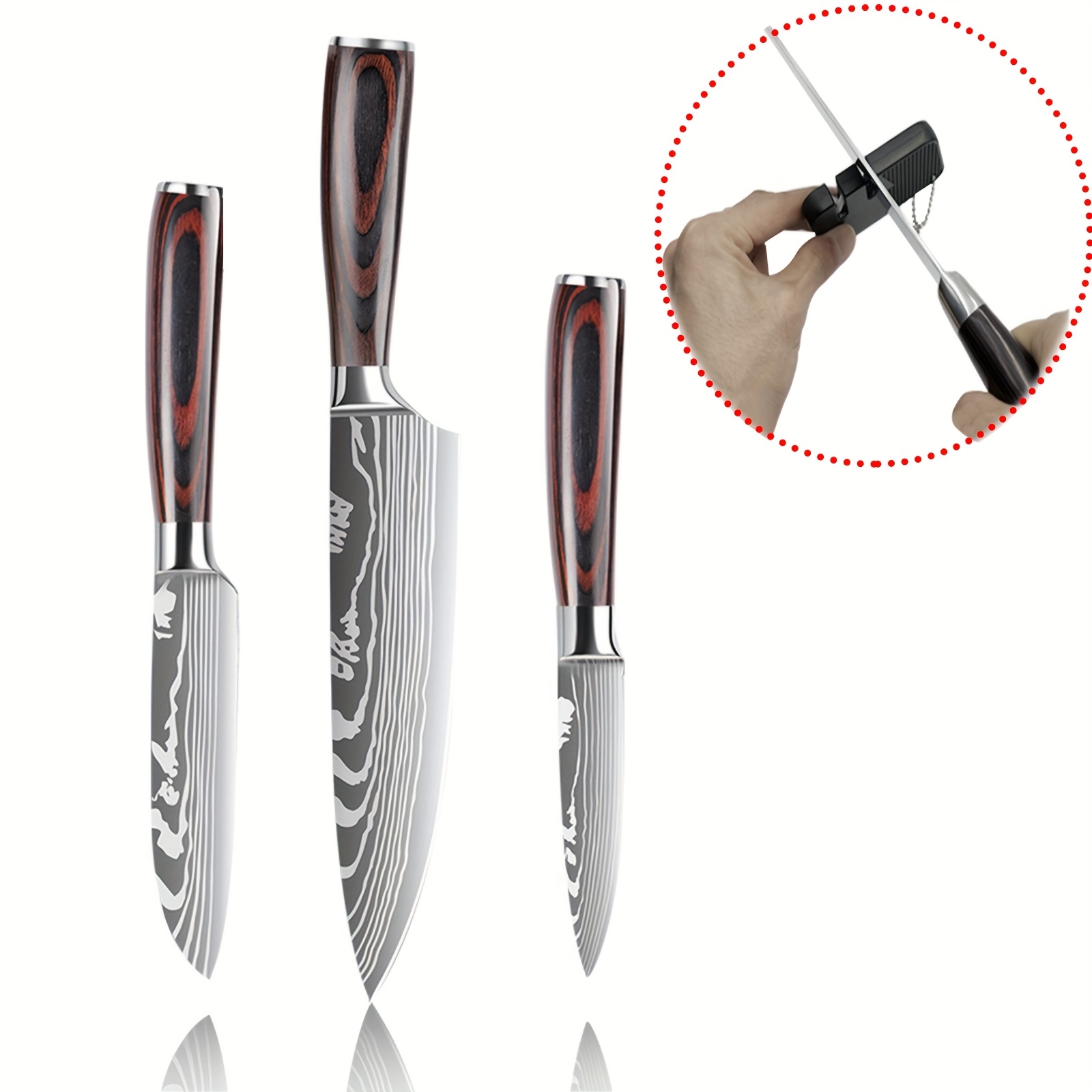 TEMU Damascus Patterned Kitchen Knife Set Chef's Knife Fruit Knife Versatile Knife 3 Knife Chef's Knife With Knife Set Gift Sharpening Stone Kitchen