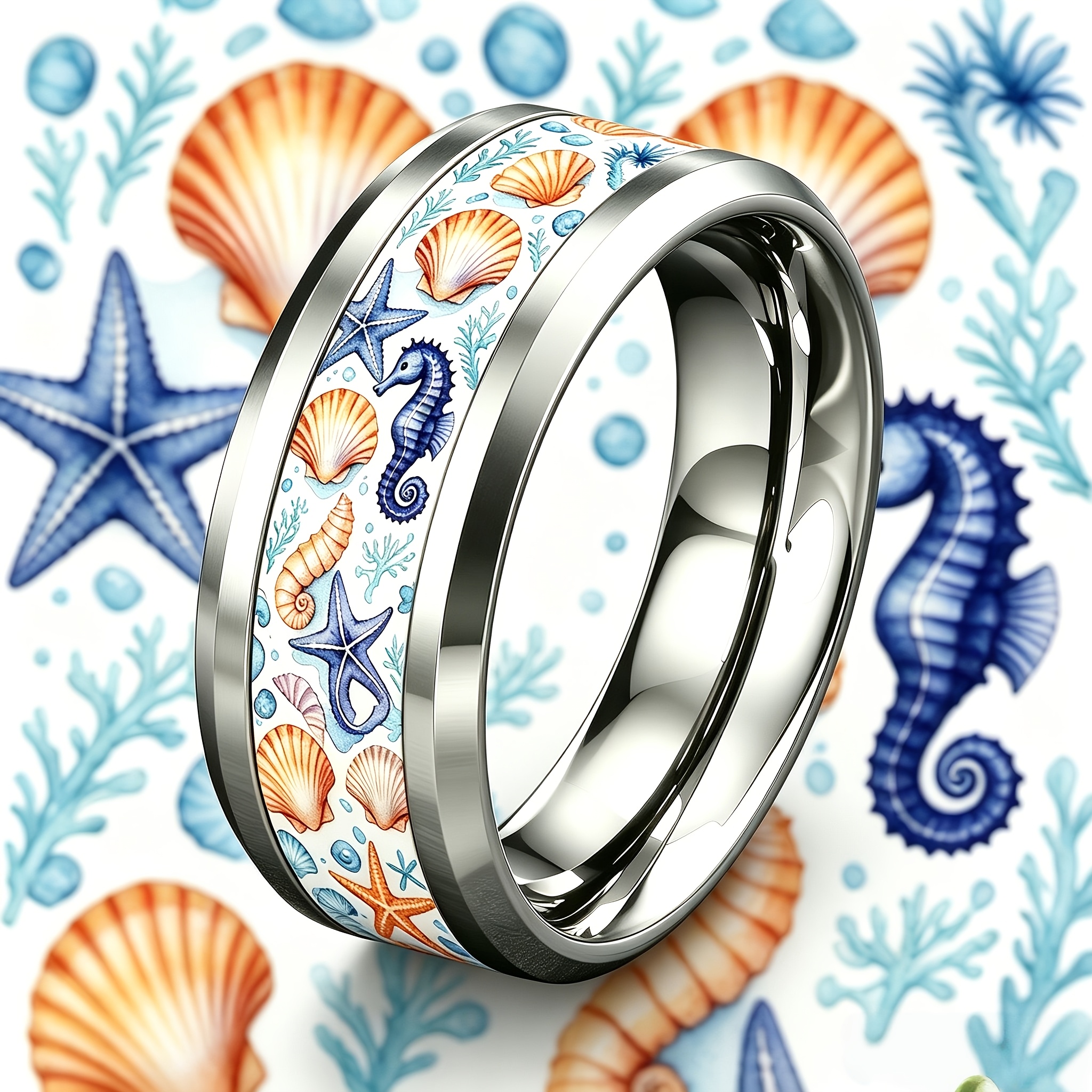 Ocean-Themed Seahorse & Seashell Stainless Steel Ring