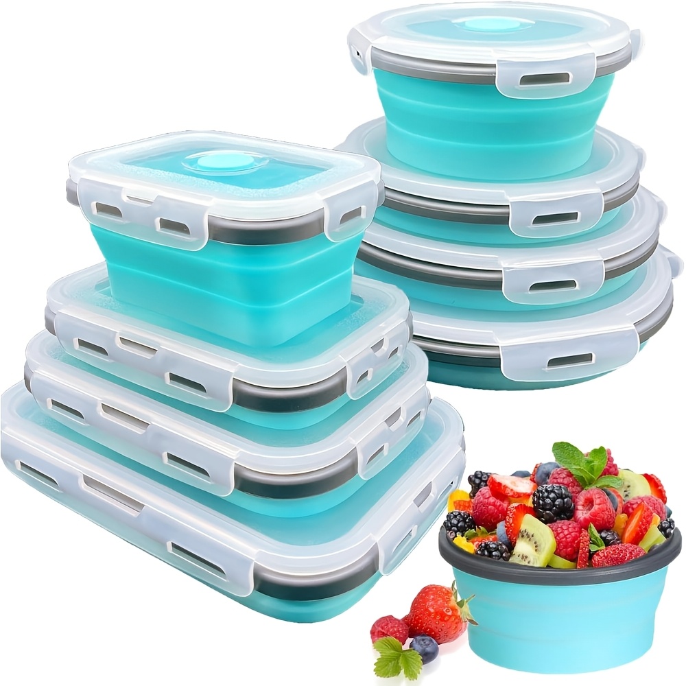 TEMU 8pcs Collapsible Food Storage Containers With Lid Foldable 4pcs Rectangle Storage Bowl And 4pcs Round Silicone Food Bow For Lunch Rv Accessories