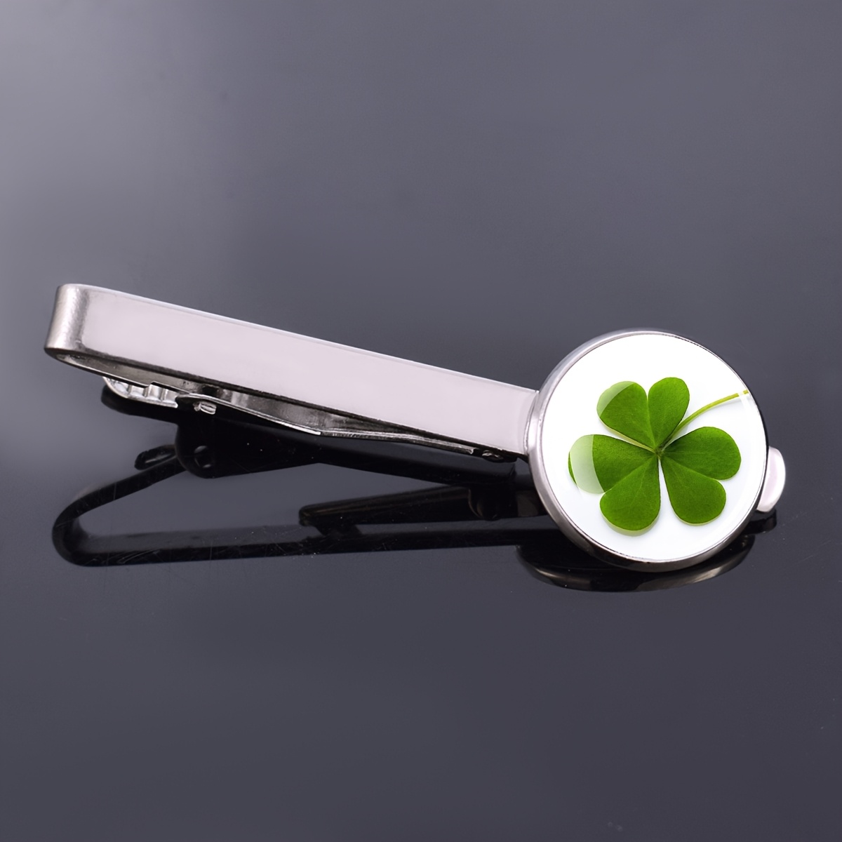 Men's Four-Leaf Clover Glass Tie Clip, Unisex Design