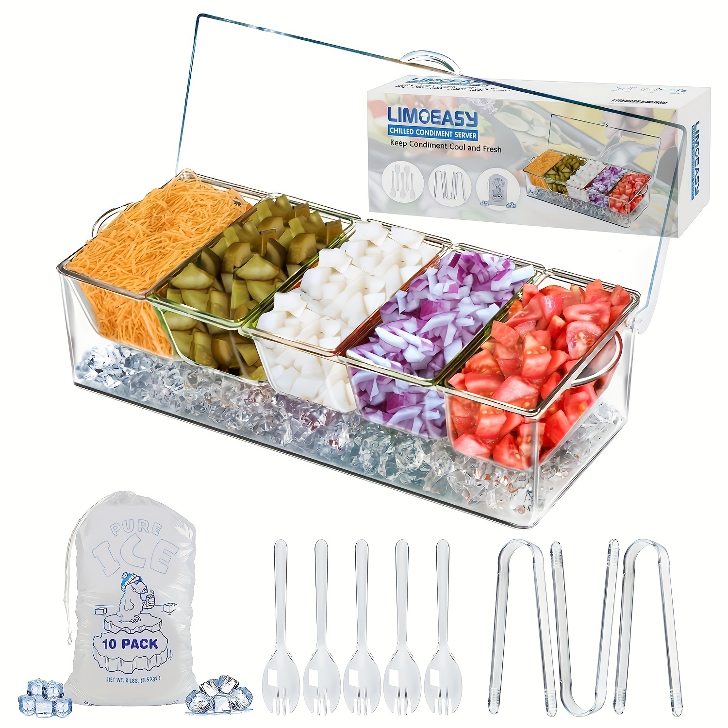 

Valentine's Day Gift Chilled Condiment Server Tray, Bar Fruit Caddy With Lid And 5 Removable Compartments, Clear Ice Condiment Serving Tray For Party, Toppings Bar Container, Garnish