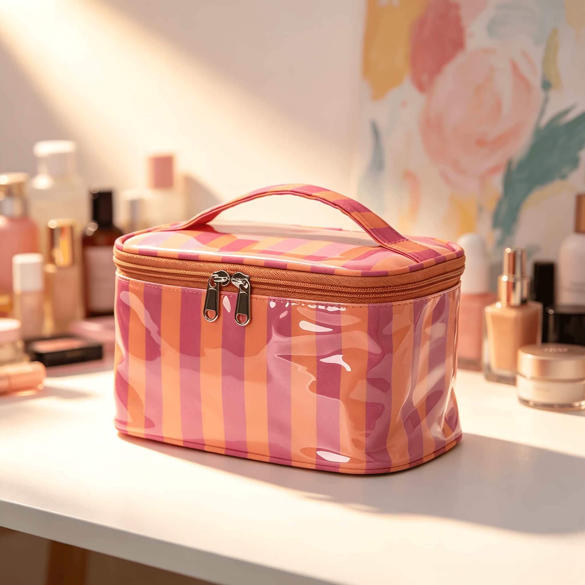 TEMU 1pc Striped Large Capacity Top Handle Zipper Open-close Toiletry Cosmetic Storage Bag, Portable Toiletry Bag Makeup Travel Box, Suitable For