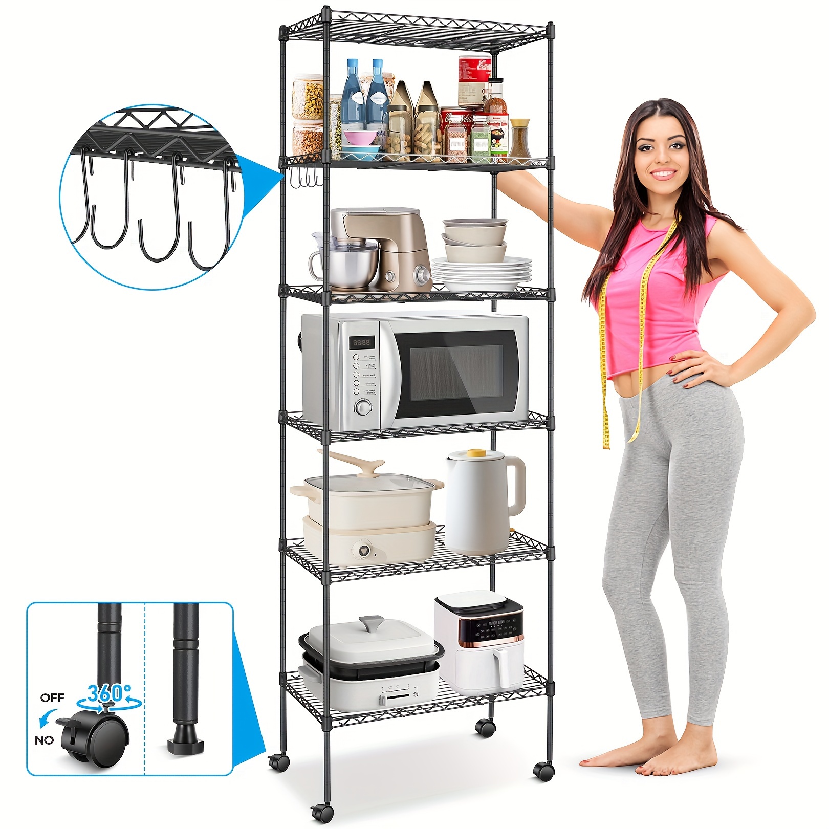 

Homdox, 6-tier Metal Storage Rack, 2-in-1 Storage Rack, 4 Adjustable Feet, 2 Braking Wheels, 2 Non-braking Wheels, Suitable For Living Room, Hallway, Kitchen, Bedroom, Bathroom, Etc.