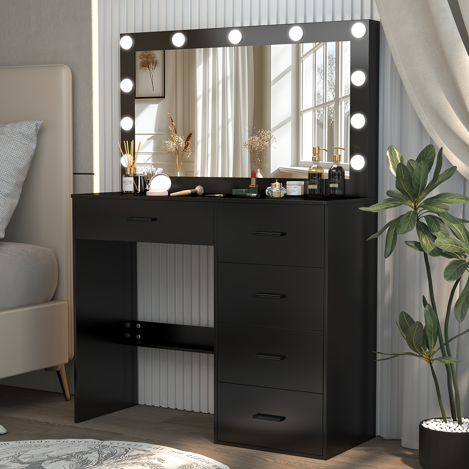 TEMU New Summer Product, Dresser With Multiple Led Bulbs, 3 Colours, Adjustable Brightness, Hd Mirror, Multiple Drawer Cabinets, Multiple Open