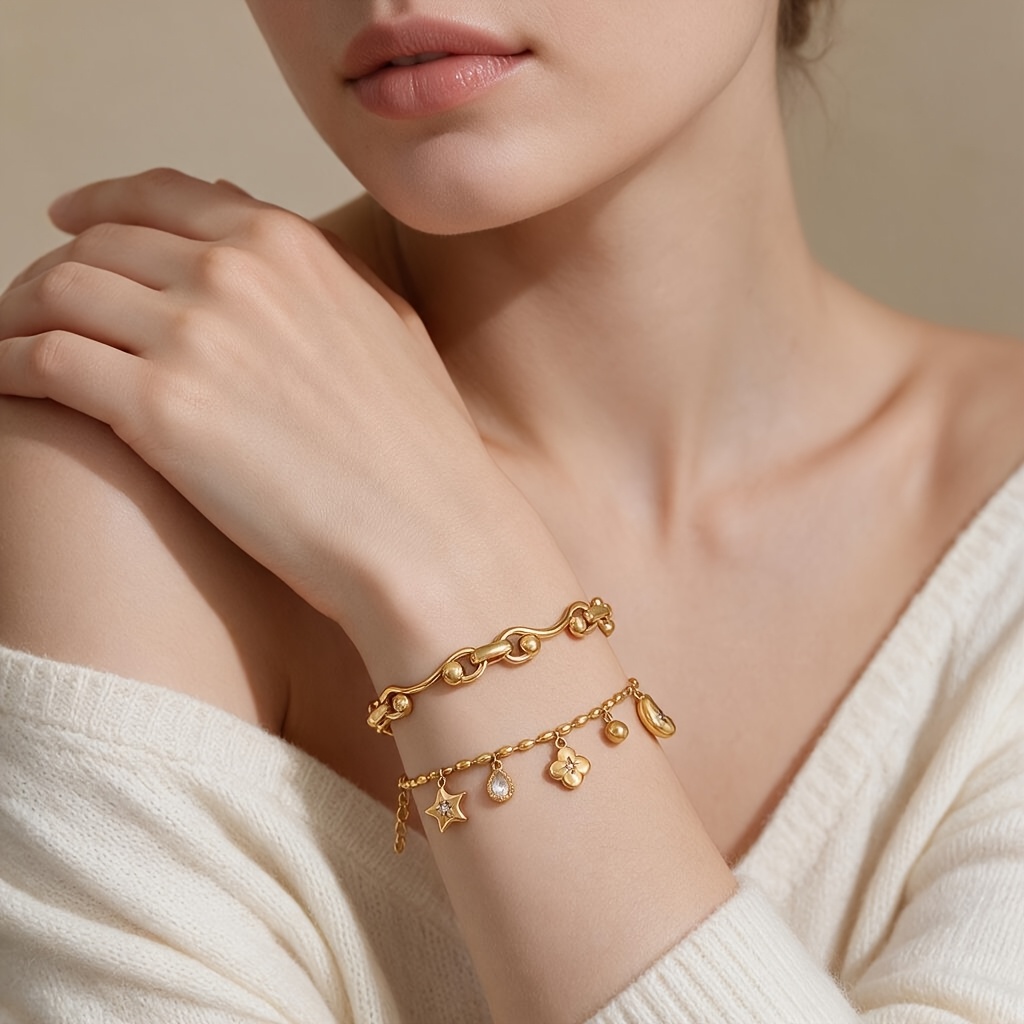 2pc Golden Cuff & Zirconia Inlaid Bracelet Set, Elegant Gift