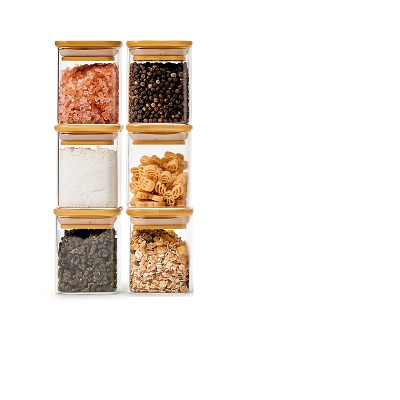 TEMU 6pcs Square Glass Spice Storage Jars With Lids, Borosilicate Glass Material Thick And Highly Transparent, Mini Storage Jars For Biscuits, Salt,