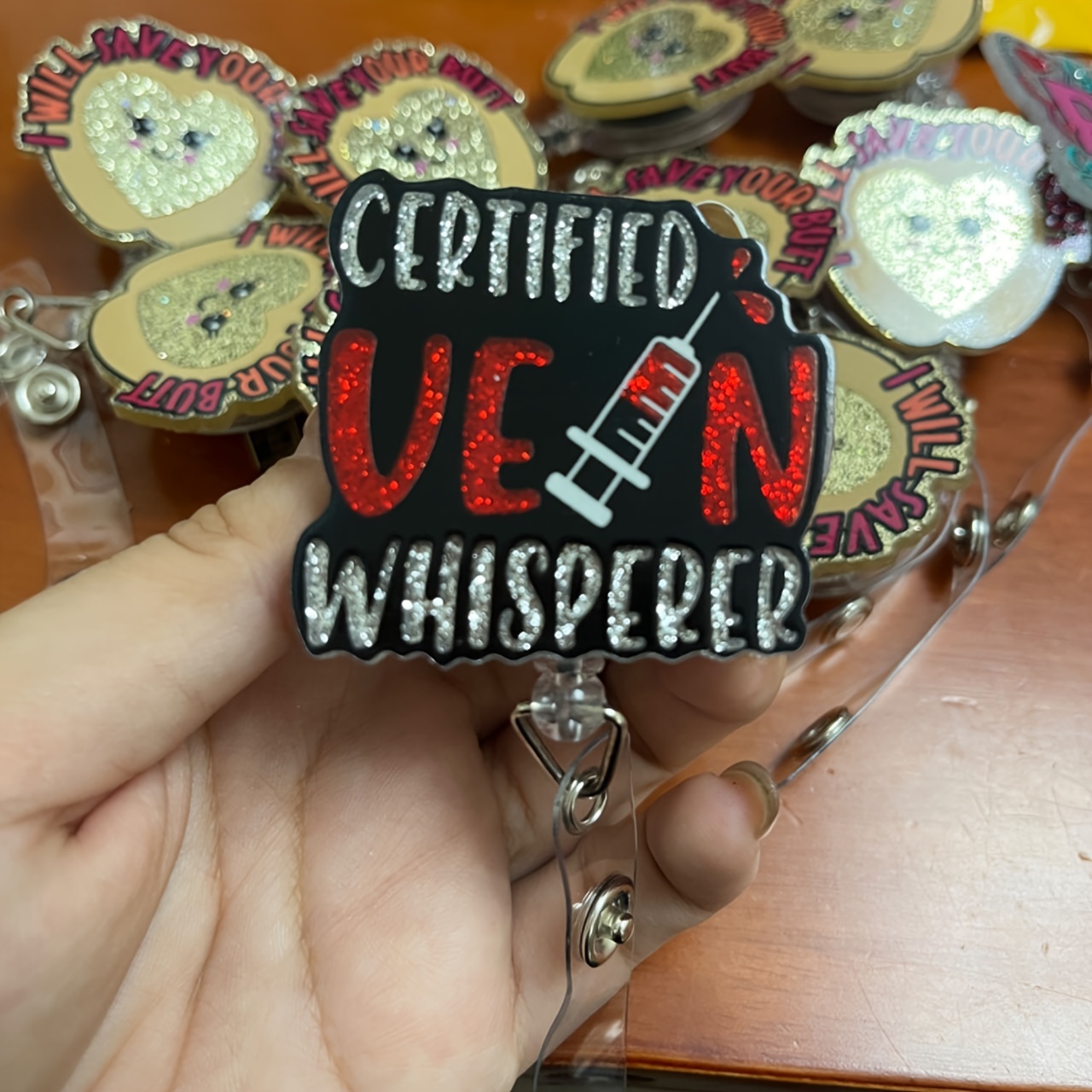 

Certified Vein Whisperer Retractable Badge Holder With Glitter Design, Durable Abs Material, Ideal Gift For Phlebotomists, Nurses, Doctors, Medical Staff