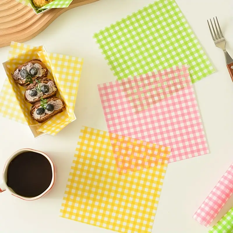 oil proof greaseproof wax paper sheets decorative checkered green grid baking serving kitchen wrapping paper for bakery gift packaging pink white green white wax paper sheets for food festive design material Product details 1