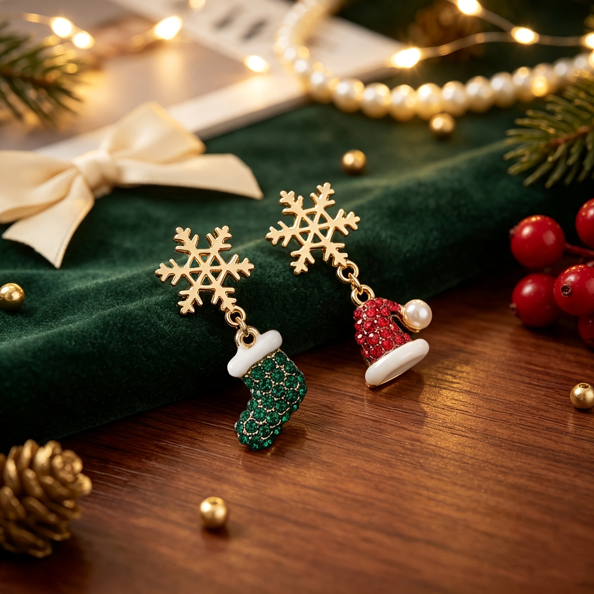 TEMU 1 Paire de Luxueux Nouveaux Chaussettes de Neige de Fête Chapeau Boucles d'Oreilles de Noël